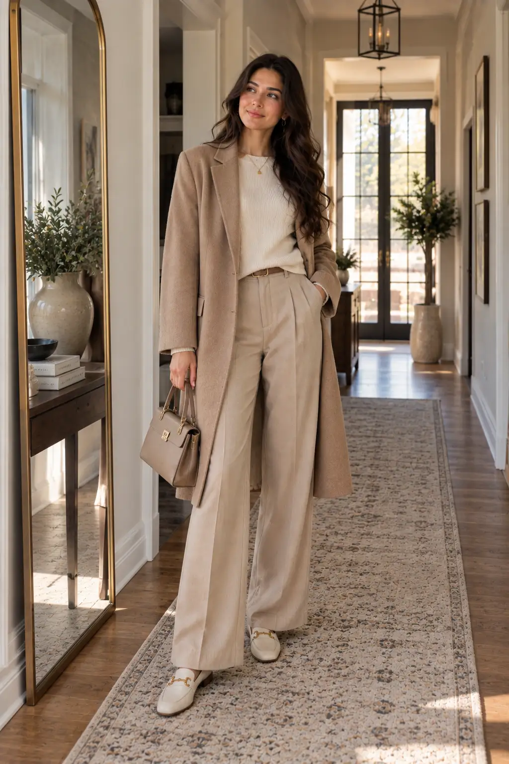 Tall woman wearing a coordinated cream, beige and camel tonal outfit with wide-leg trousers and a long coat, demonstrating how monochromatic shades create an elegant streamlined look.