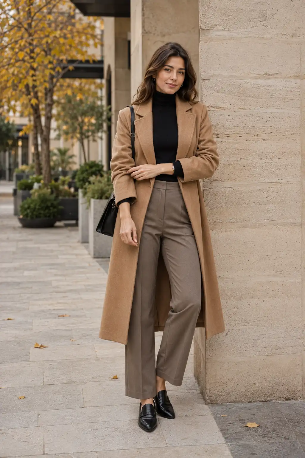 Cute young woman wearing taupe straight-leg tailored trousers, a black fitted turtleneck, a long camel wool coat, black loafers, and a shoulder bag on a modern autumn walkway.