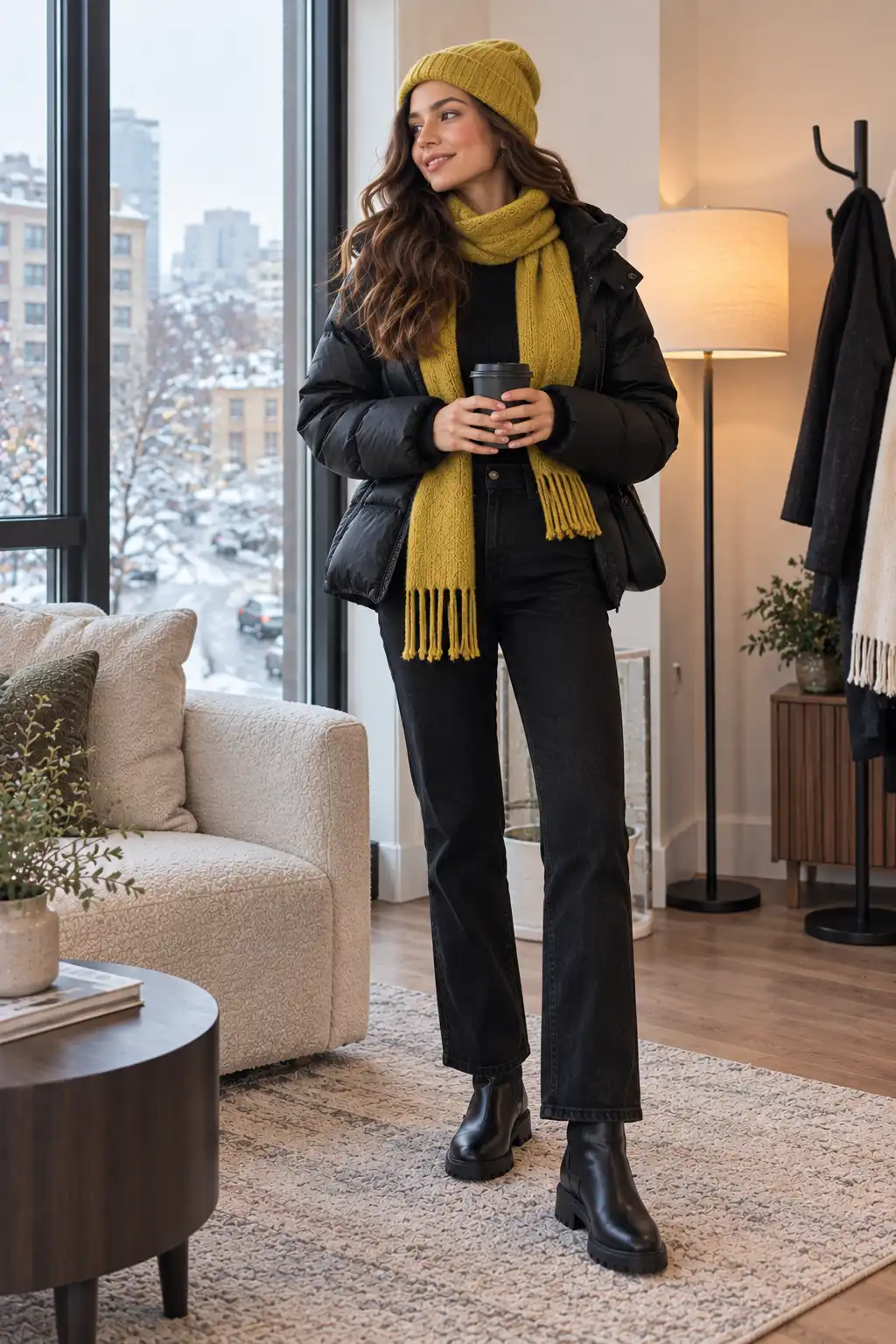 Woman wearing an all black outfit with a black puffer and boots, styled with a chartreuse beanie and scarf set