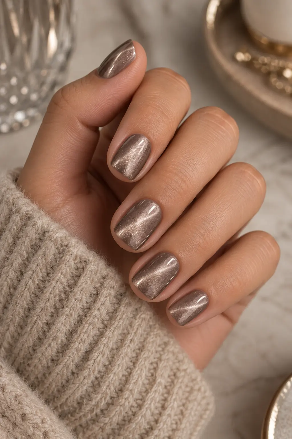 Short square nails finished with dimensional cat-eye magnetic chrome polish that creates a subtle reflective effect across each nail.