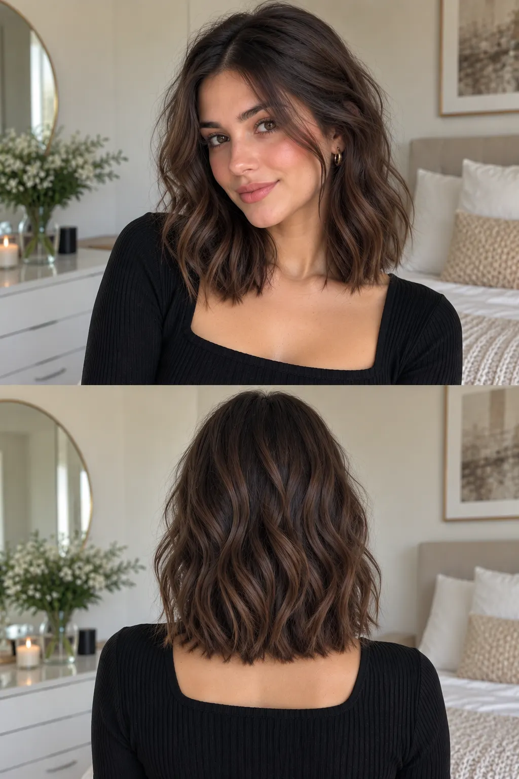 Shoulder-length wavy lob with relaxed natural texture, soft irregular waves, subtle volume, and an effortless air-dried finish.