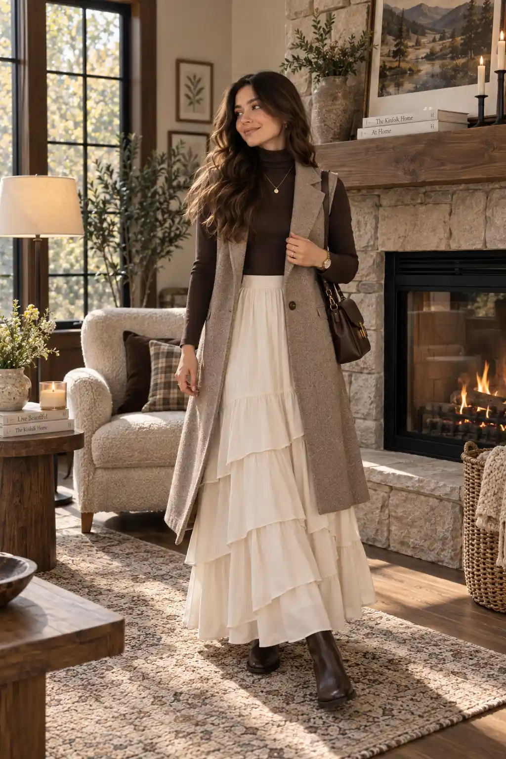 Woman wearing a layered maxi skirt with a fitted turtleneck and long tailored vest for a sophisticated modest outfit