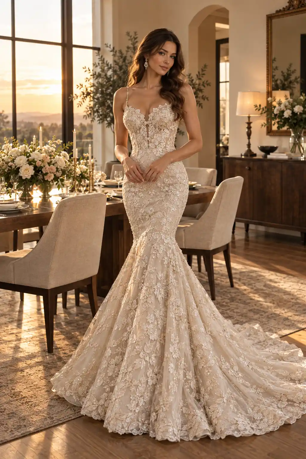 Glamorous bride wearing a champagne-ivory metallic lace mermaid wedding gown with subtle shimmer, intricate lace details, and a fitted flared silhouette.