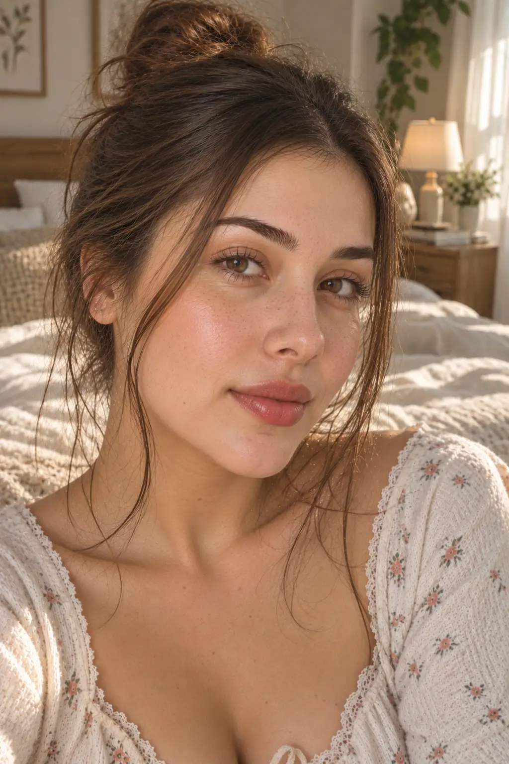 Close-up of a young woman using translucent setting powder only on the T-zone while keeping her cheeks naturally luminous, with fresh skin, minimal makeup, softly feathered brows, and hydrated lips in a cozy bedroom.