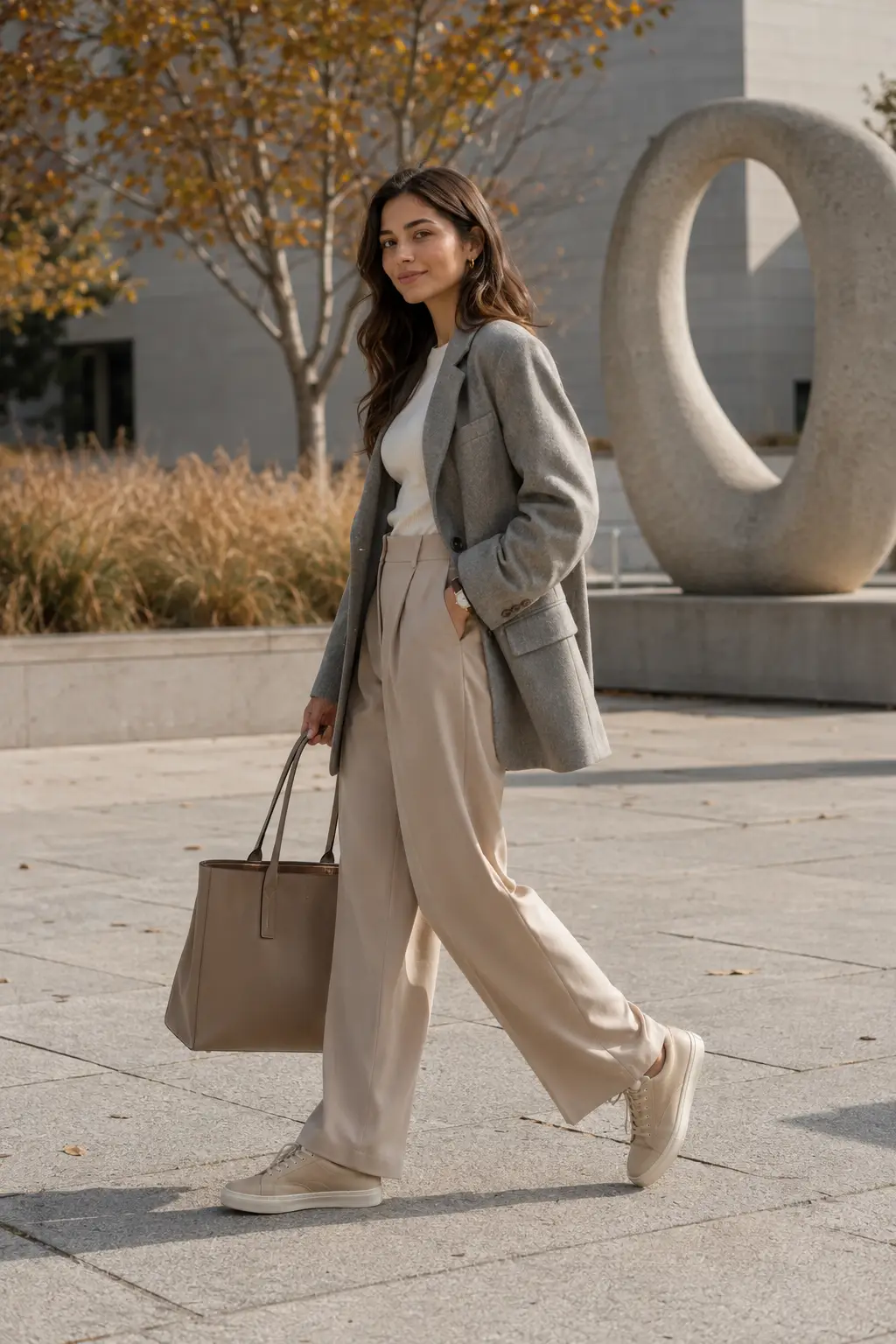 Stylish young woman wearing beige tailored trousers, a white knit top, an oversized gray blazer, sleek neutral sneakers, and a structured tote in a contemporary autumn museum courtyard.