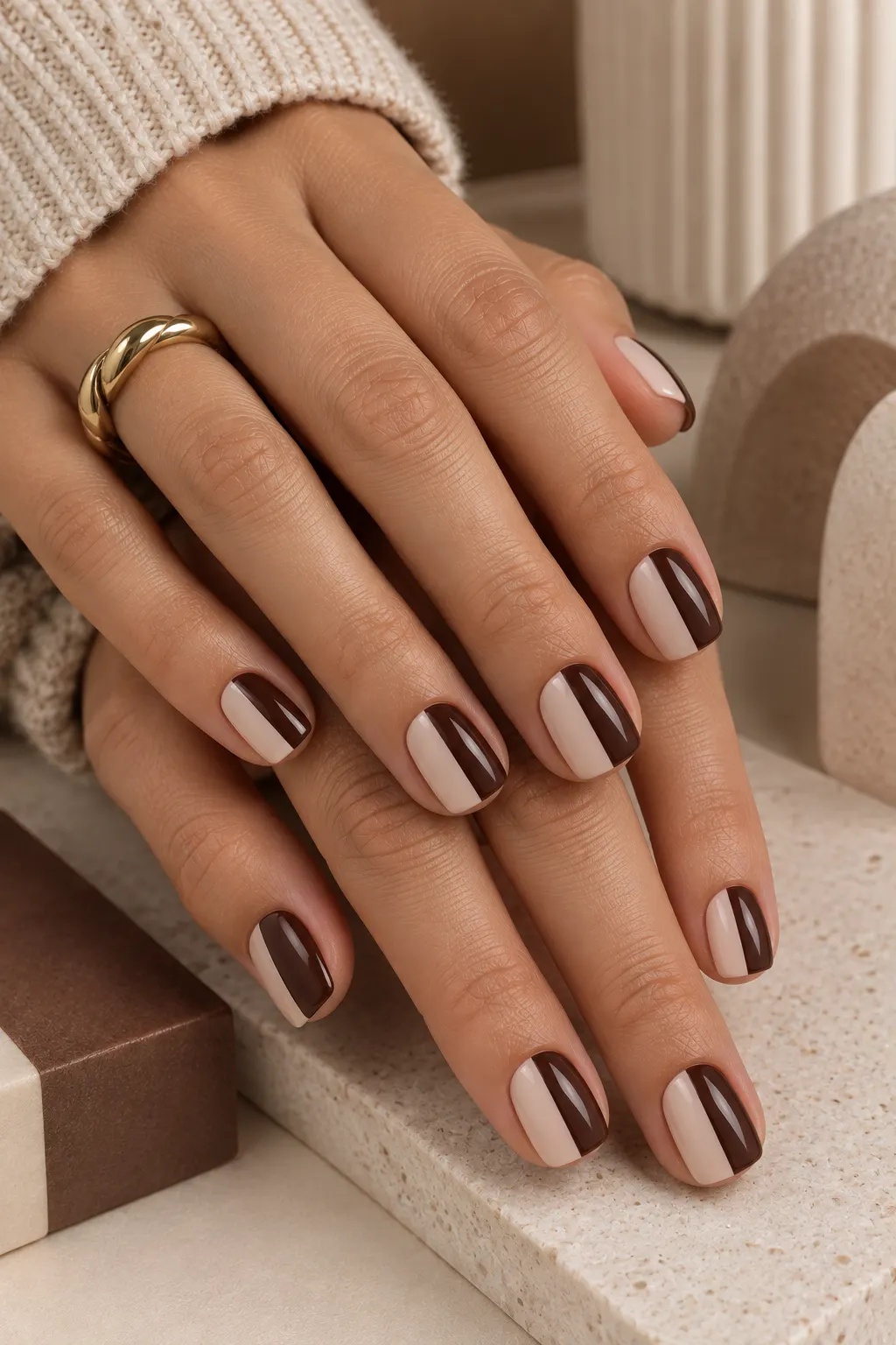 Short square nails featuring a modern two-tone manicure with each nail divided between two complementary polish colors.