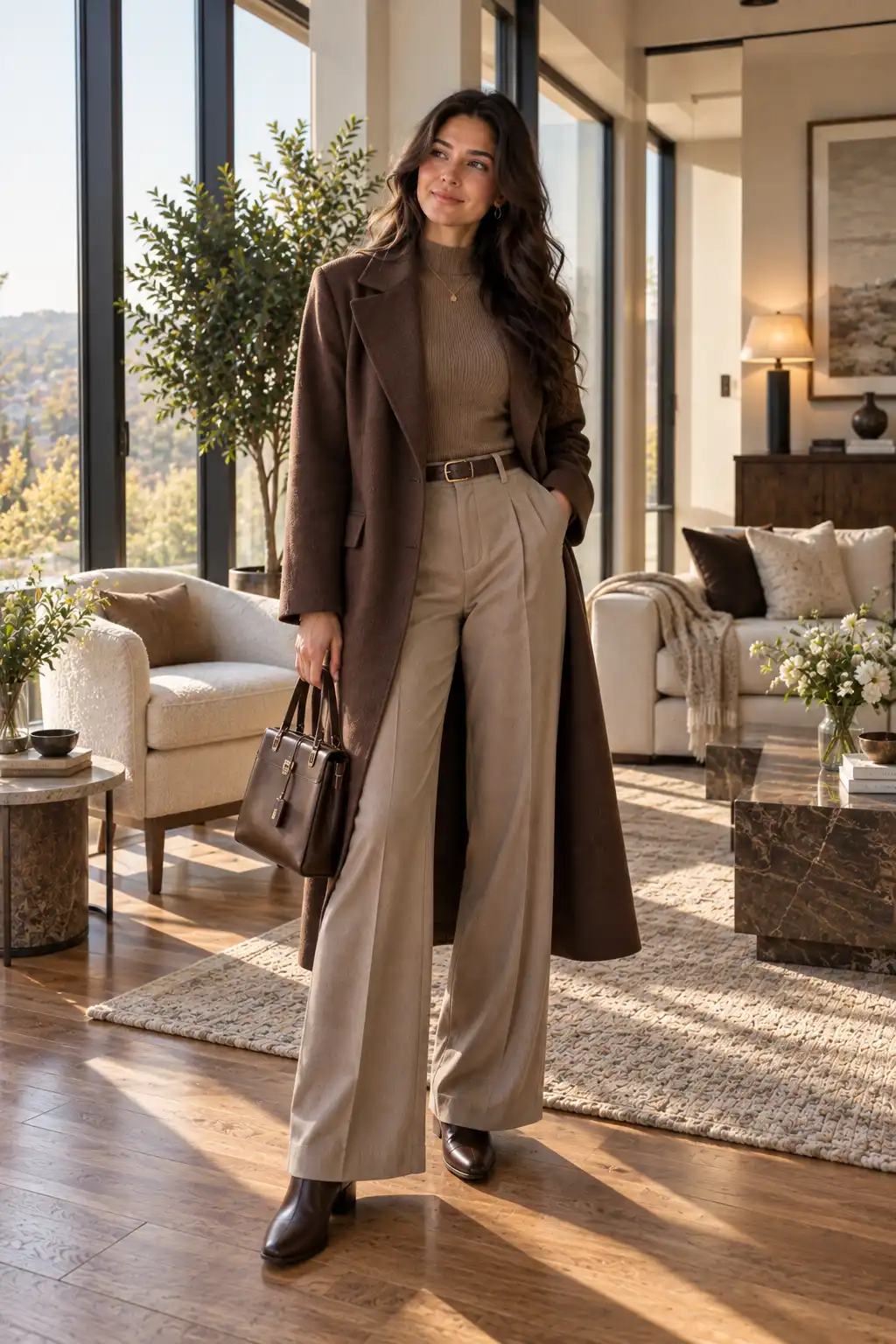 Confident tall woman wearing a dramatic longline coat, fitted top, wide-leg trousers and flat boots in a sophisticated home interior, embracing her height with an elegant long silhouette.