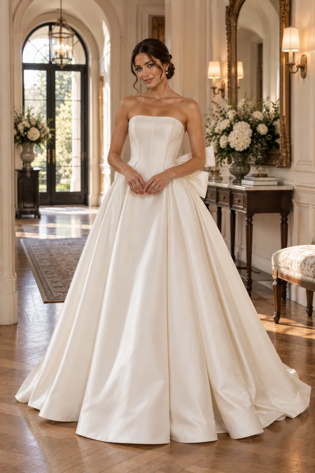 Elegant bride wearing a structured strapless ivory wedding gown with a clean fitted bodice, sophisticated full skirt, and couture bow-back design.