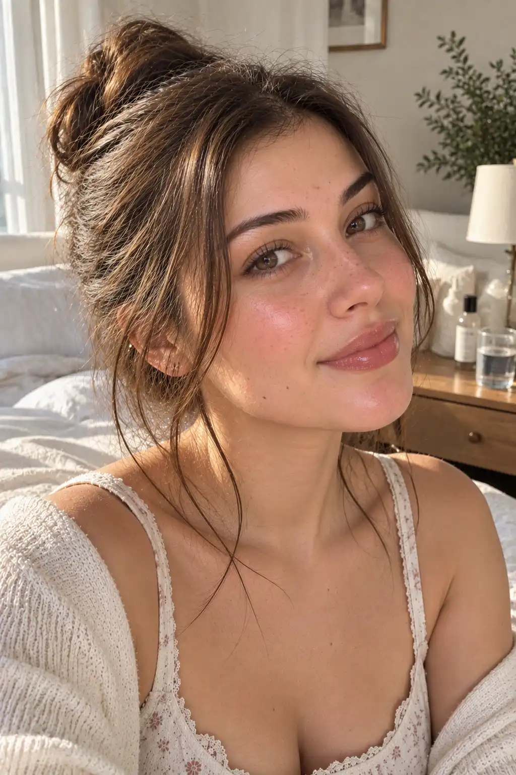 Realistic young woman wearing a full skin-first no-makeup makeup look with healthy moisturized skin, sunscreen, tinted lip balm, naturally groomed brows, and one subtle coat of mascara without foundation or concealer.
