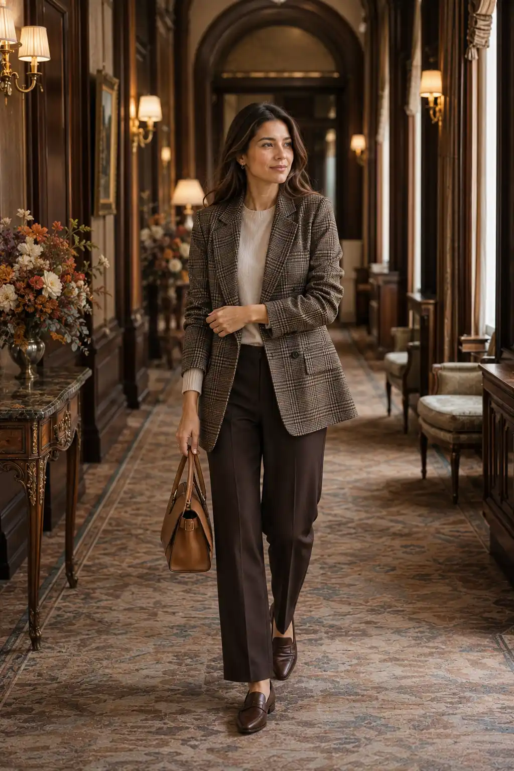Young woman wearing a brown and taupe plaid blazer with a cream knit top, dark espresso straight-leg trousers, brown loafers, and a tan handbag in an elegant autumn hotel corridor.