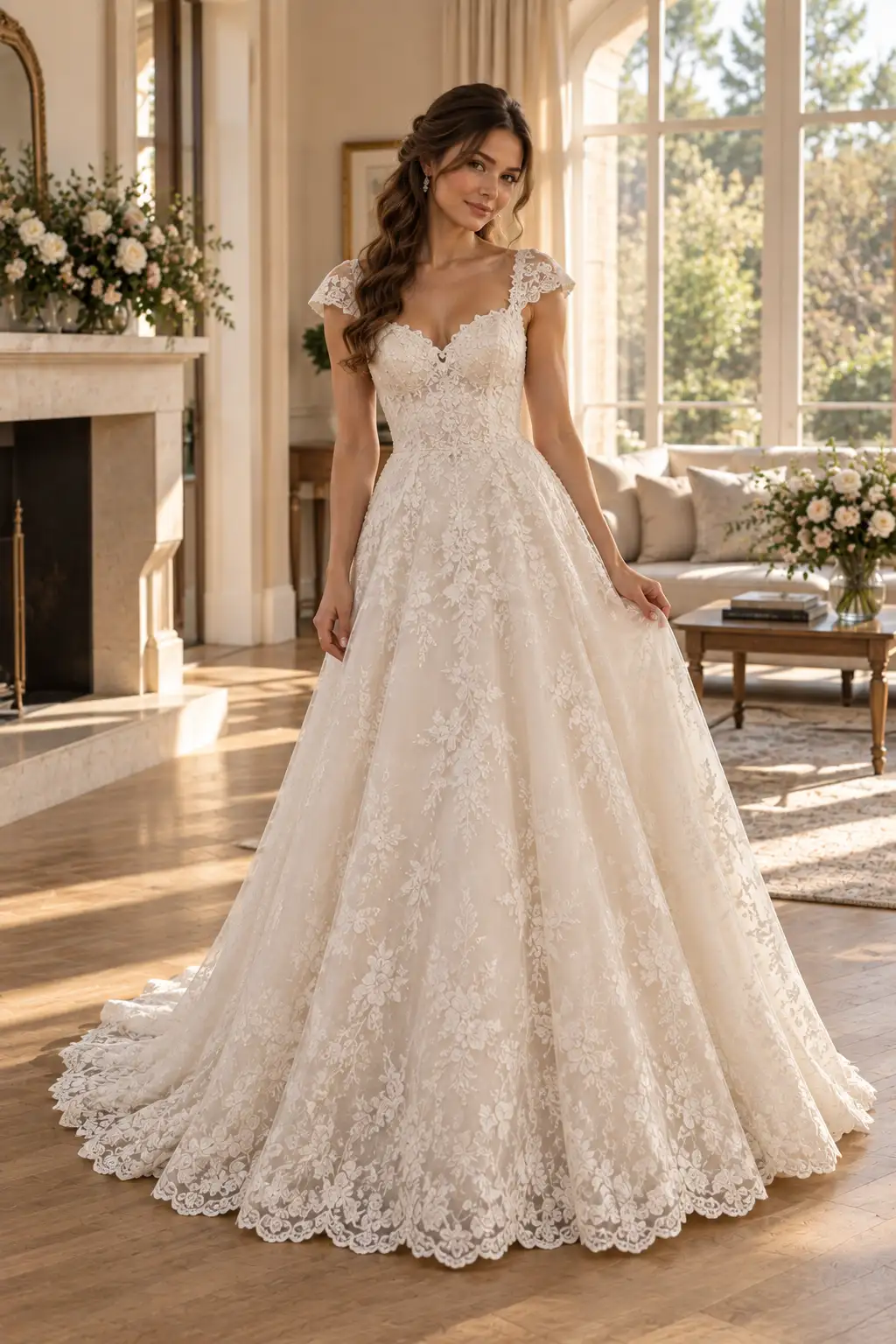 Timeless bride wearing an ivory A-line wedding gown with delicate cap sleeves, a graceful flowing skirt, and intricate scalloped hem detailing.