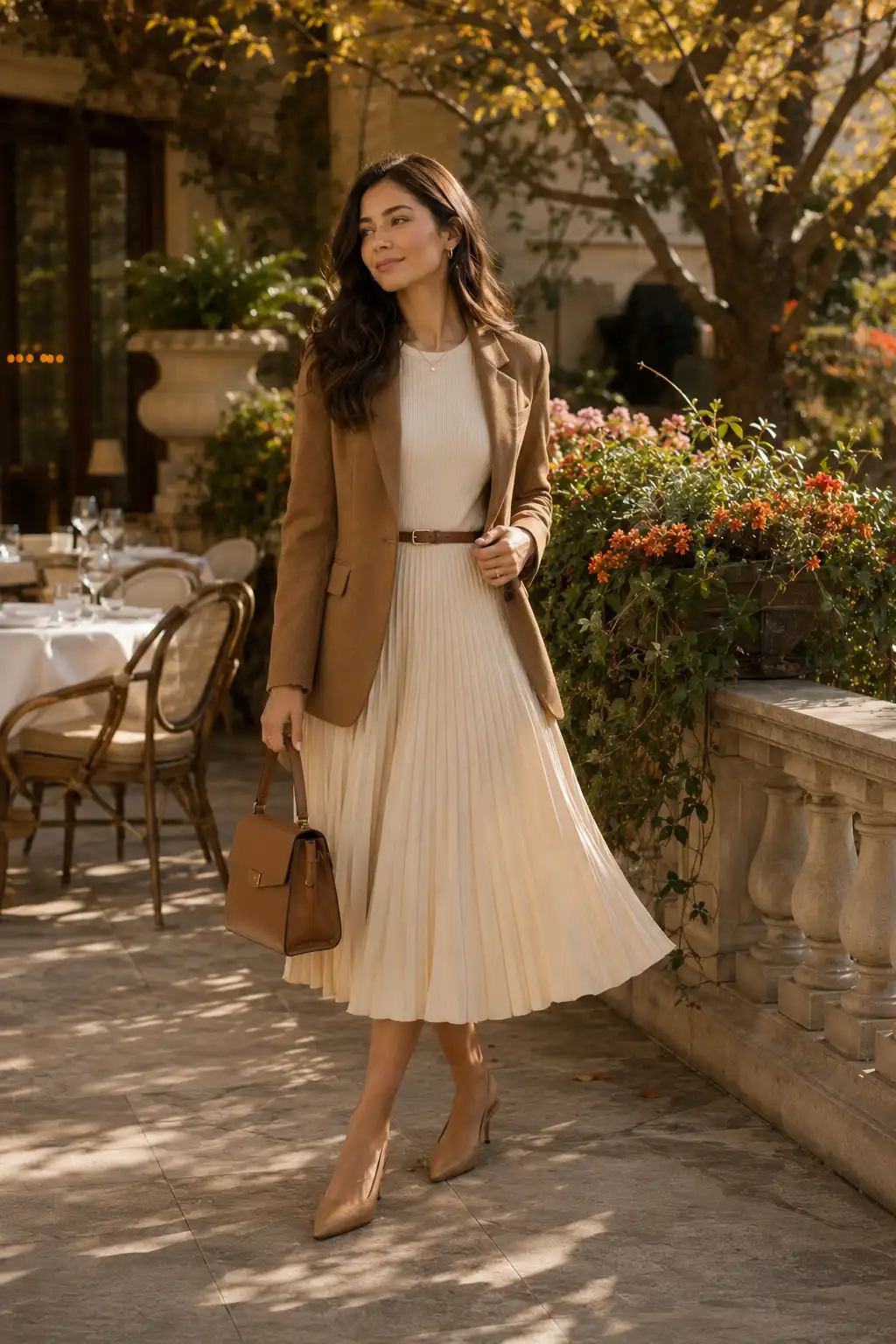 Elegant young woman wearing a cream pleated A-line midi dress with a camel blazer, leather belt, pointed heels, and structured handbag on a beautiful autumn restaurant terrace.
