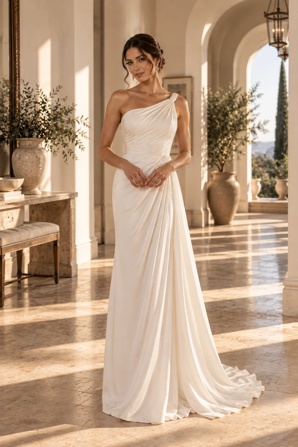 Elegant bride wearing an ivory Grecian-inspired column wedding gown with graceful front draping, gathered fabric, and a long fluid floor-length silhouette.