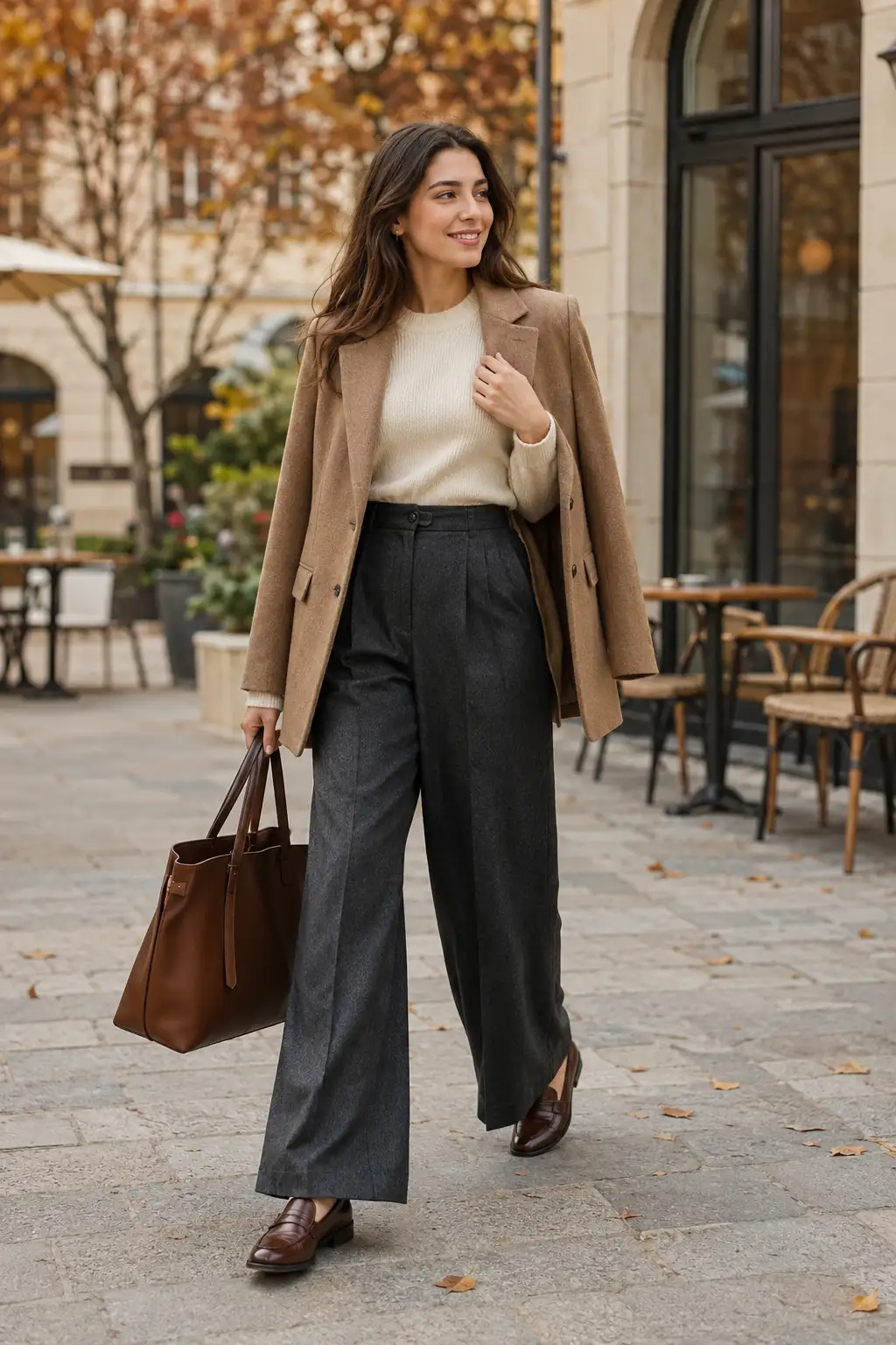 Young woman wearing charcoal wide-leg tailored trousers, a fitted cream knit sweater, a relaxed camel blazer, loafers, and a brown tote on an elegant autumn café terrace.