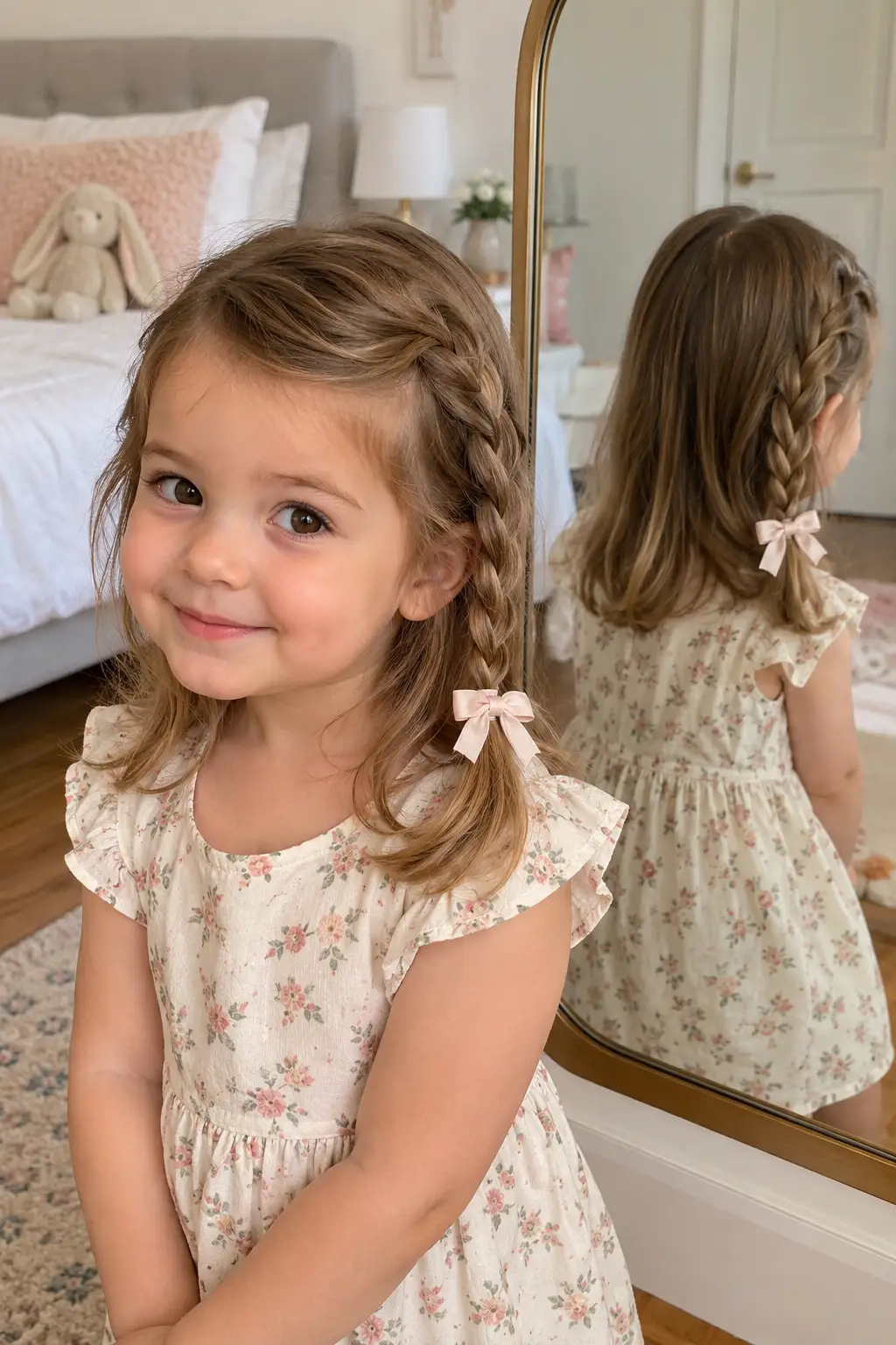 Toddler girl with a simple three-strand side braid secured with a small ribbon, with the remaining hair worn naturally loose.