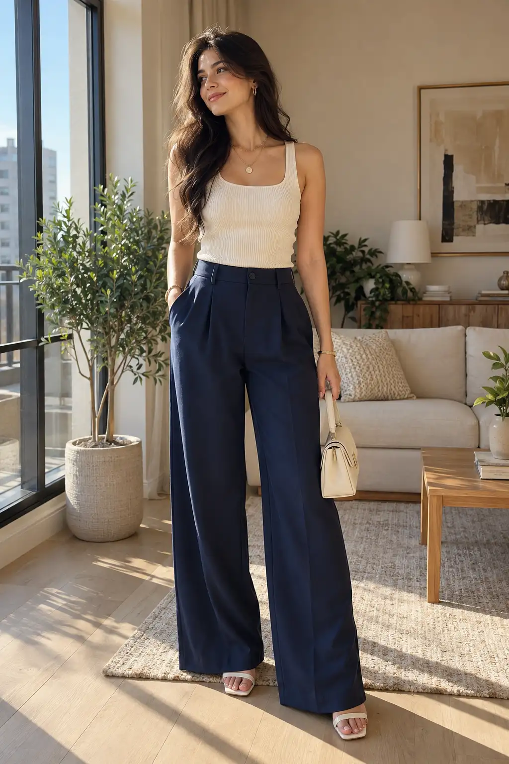 Woman wearing high-waisted navy wide-leg pants with a fitted cream ribbed tank top, gold jewelry, neutral sandals, and a cream handbag in a modern living room.