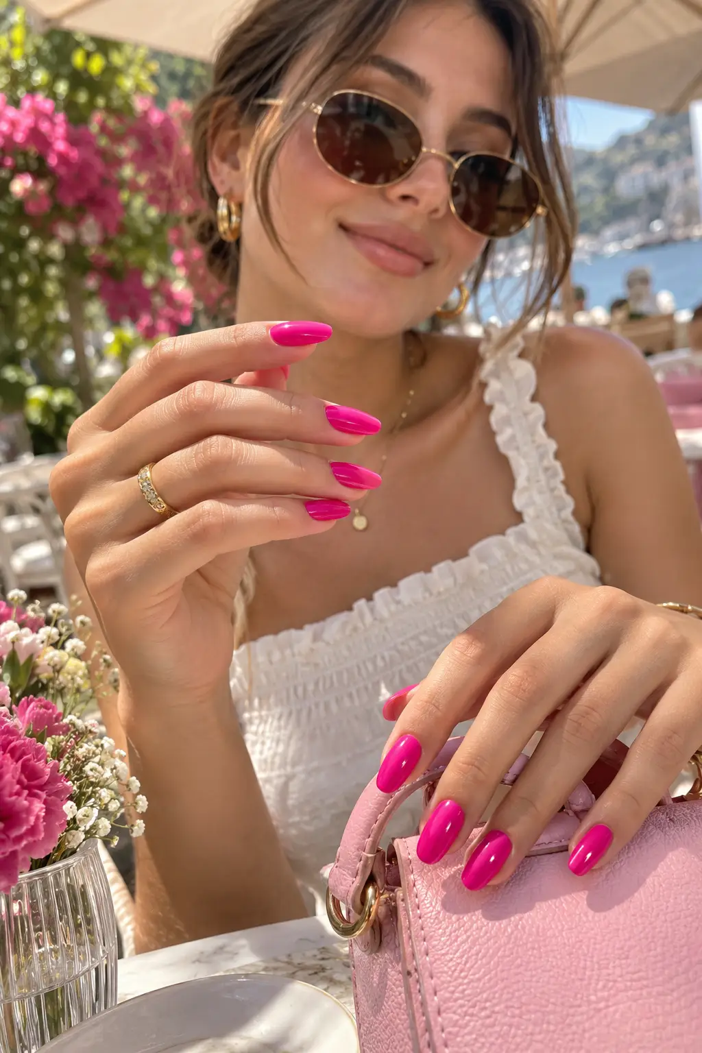 Bold fuchsia pink summer manicure with glossy full-coverage hot pink almond-shaped nails shown on a stylish woman during a bright summer beauty shoot.