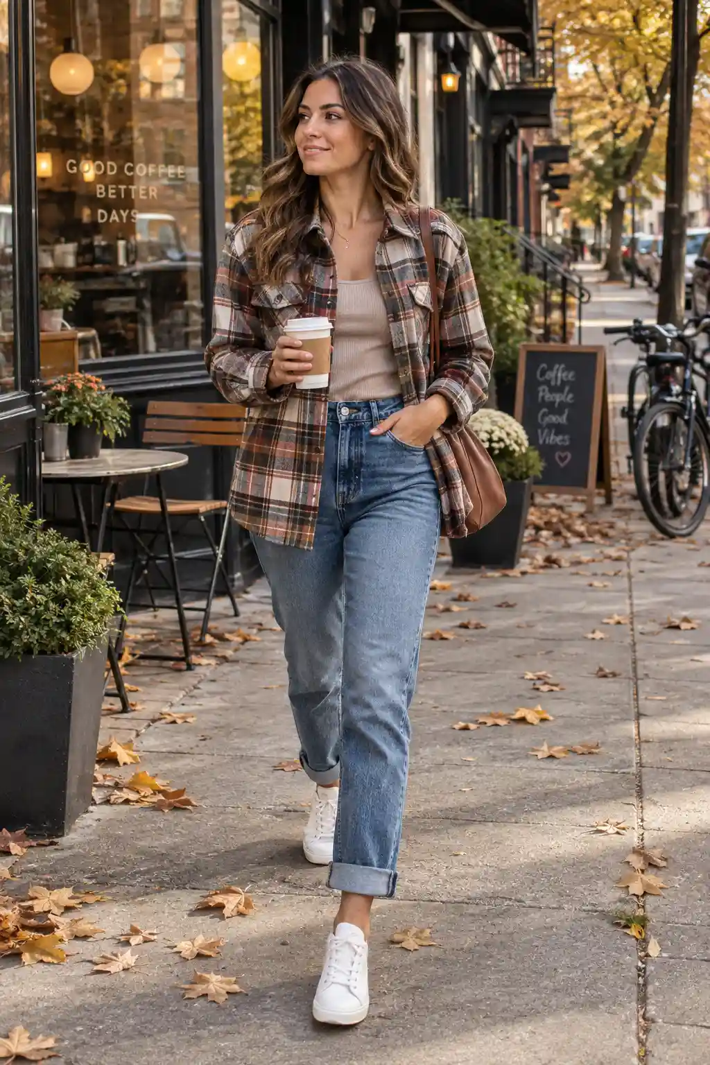 Woman styling an open plaid shacket with a fitted tank top, cuffed straight-leg jeans and white sneakers for a casual fall street-style outfit.