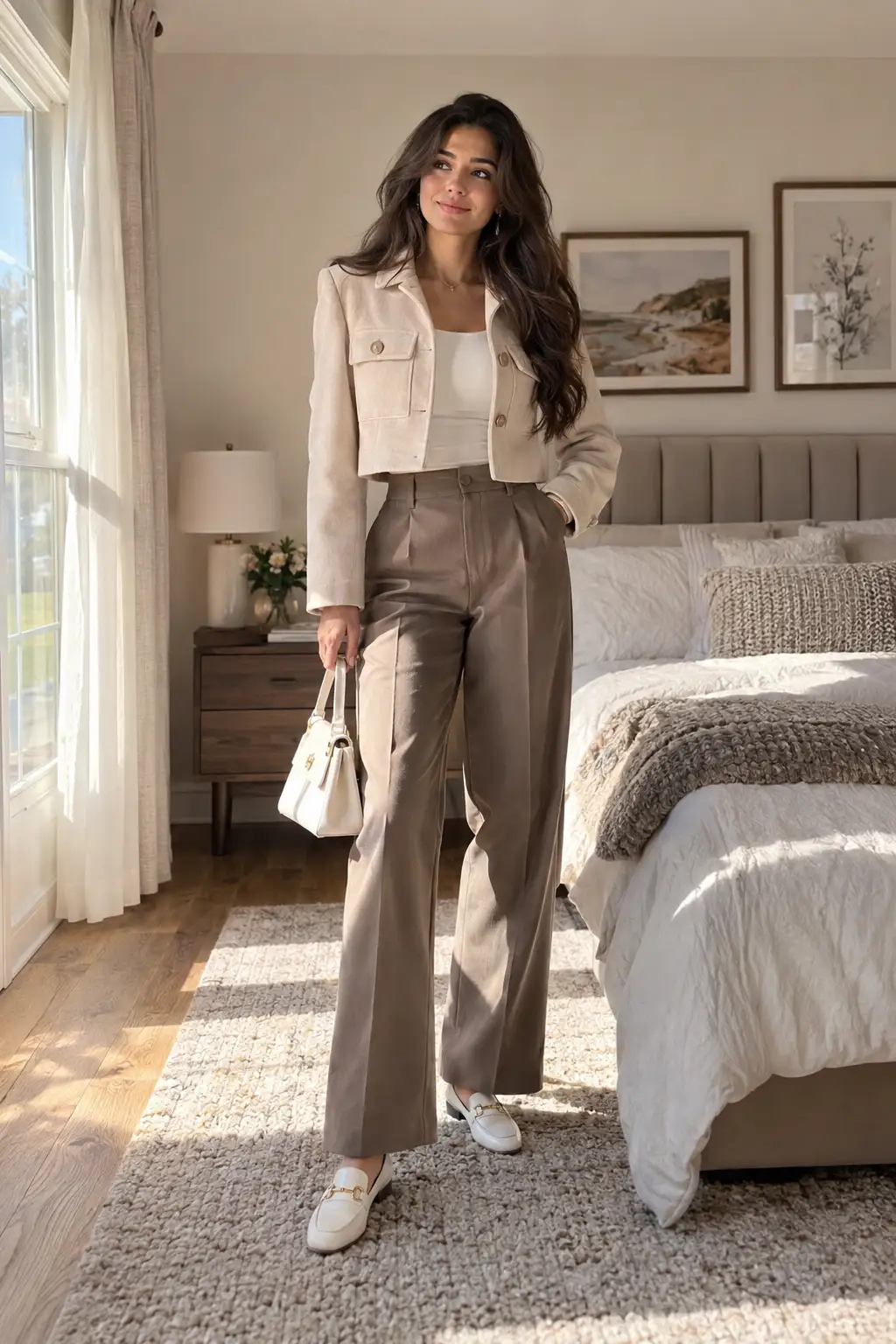 Tall woman styling a cropped structured jacket with high-waisted trousers and a fitted top, creating balanced proportions in a bright contemporary bedroom setting.