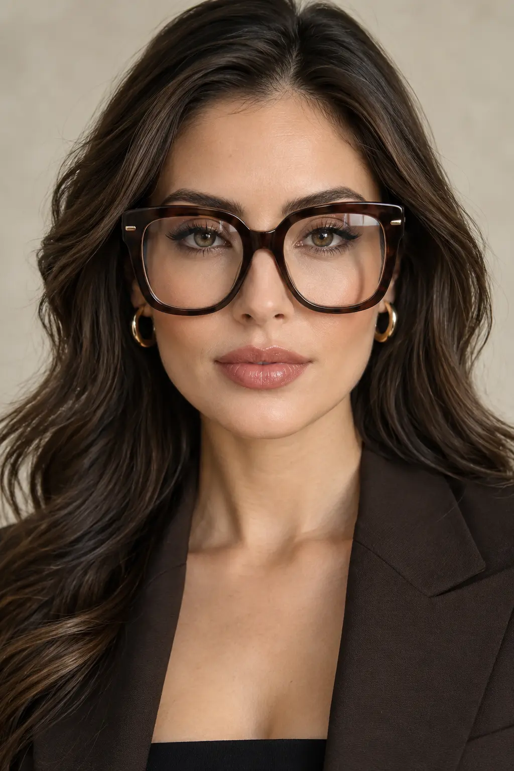 Fashionable woman wearing refined oversized dark acetate eyeglasses with a sculpted brow and modern architectural shape, highlighting a sophisticated 2026 eyewear style.
