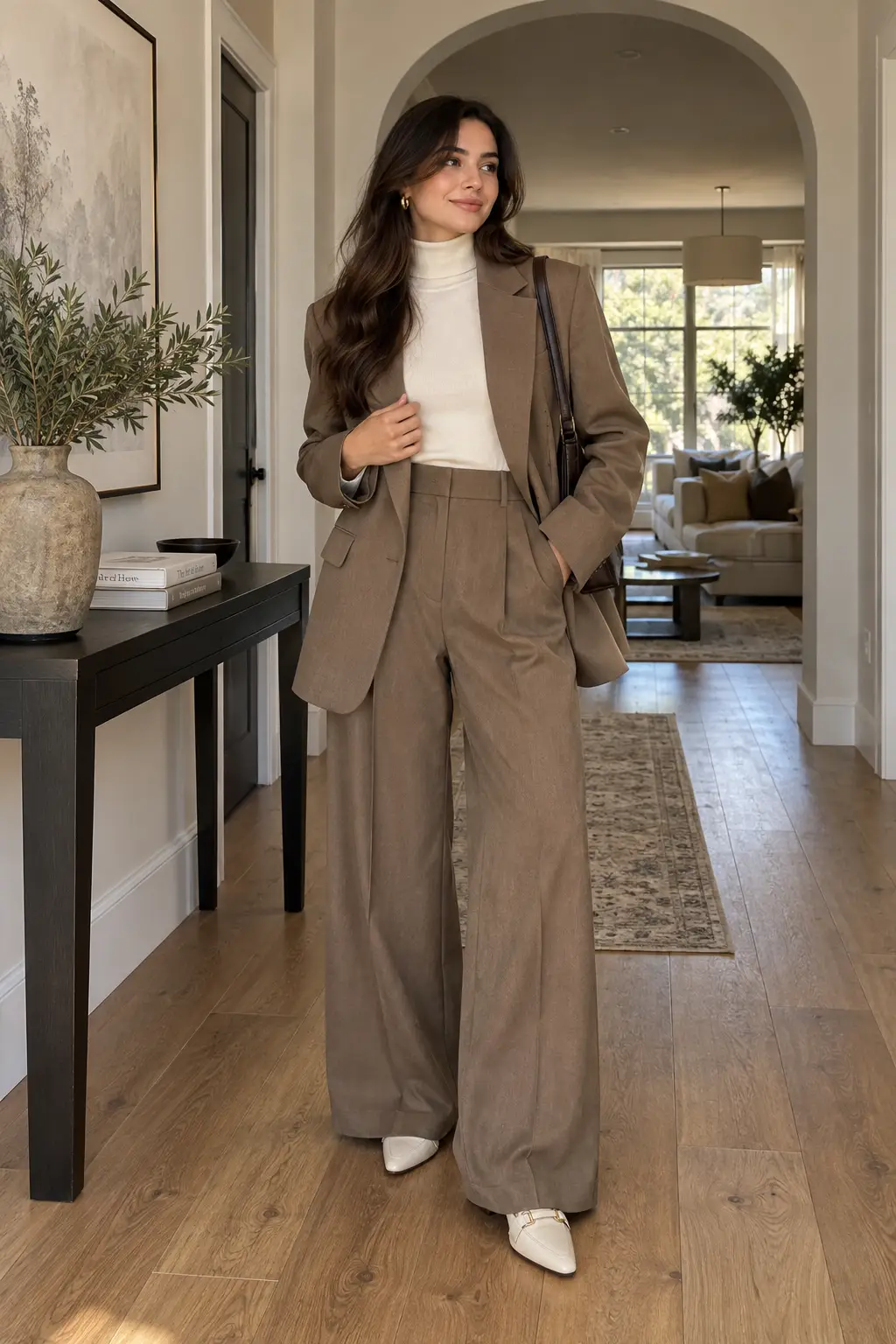 Woman wearing wide-leg trousers with an oversized blazer and high-neck turtleneck for a polished modest outfit in a modern home