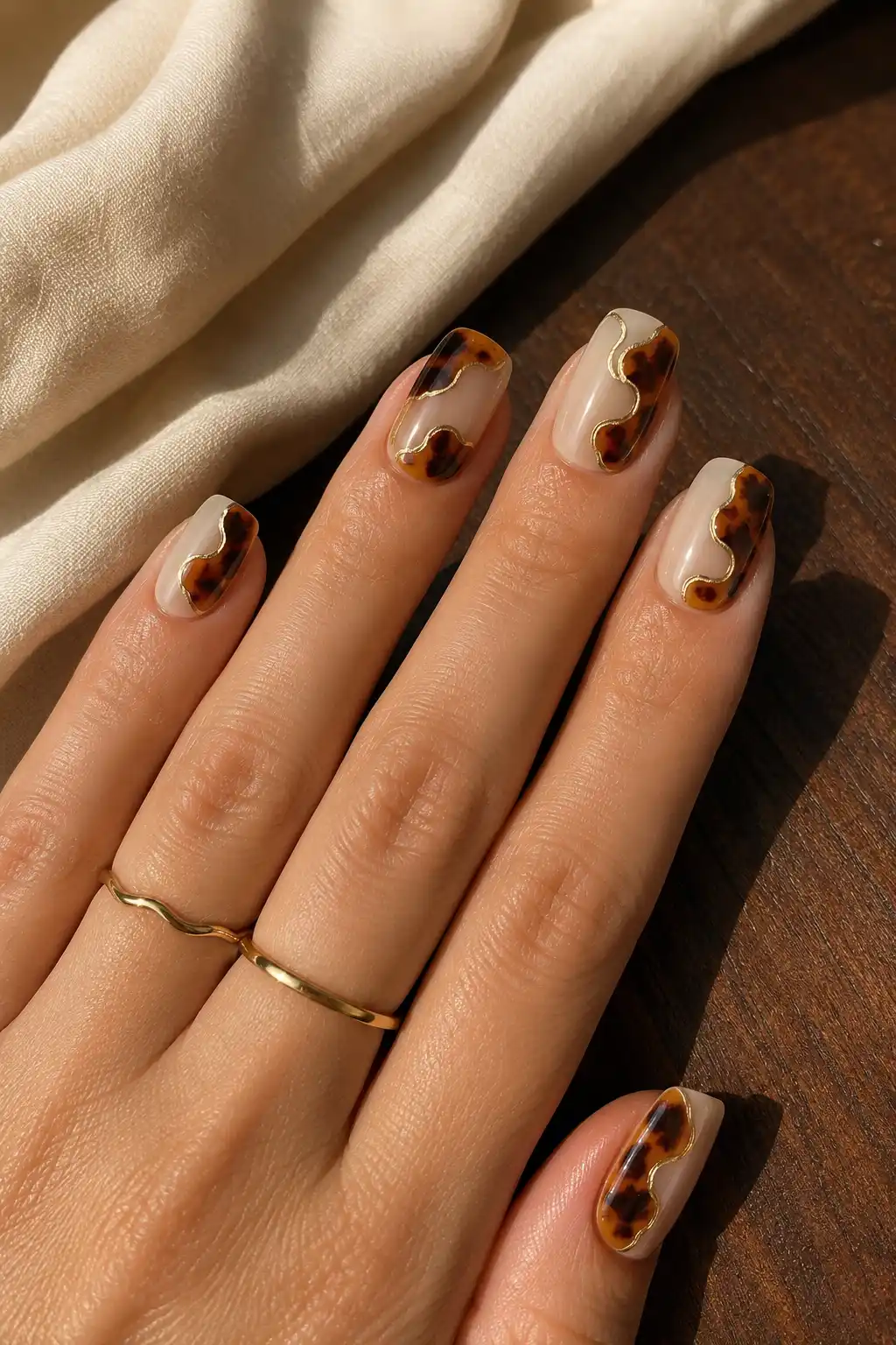 Squoval nails featuring irregular tortoiseshell sections in amber and brown with delicate liquid gold outlines over a sheer nude base.