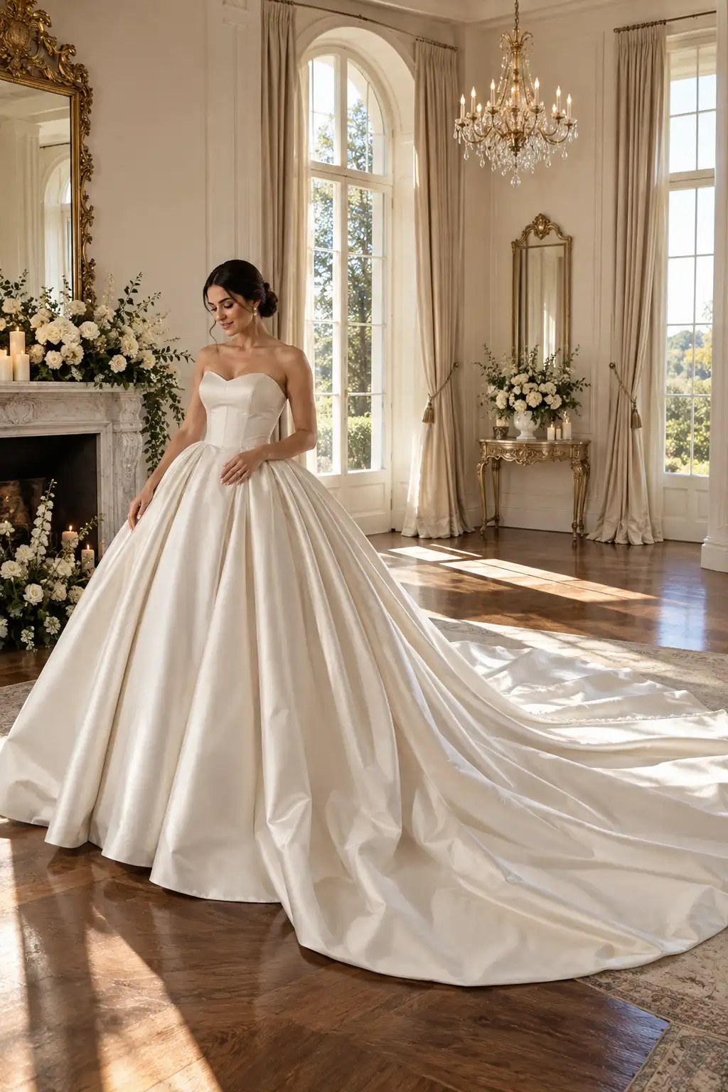 Elegant bride wearing a classic ivory satin ballgown with a full royal-inspired skirt and dramatic cathedral-length wedding train in a luxurious home interior.