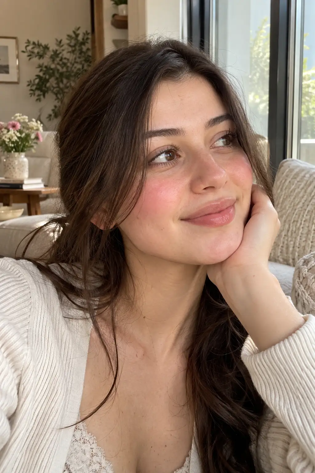 Realistic close-up beauty portrait of a young woman with softly flushed rosy-peach cheeks created with cream blush, minimal complexion makeup, natural skin texture, groomed brows, and sheer lip balm in a bright home setting.