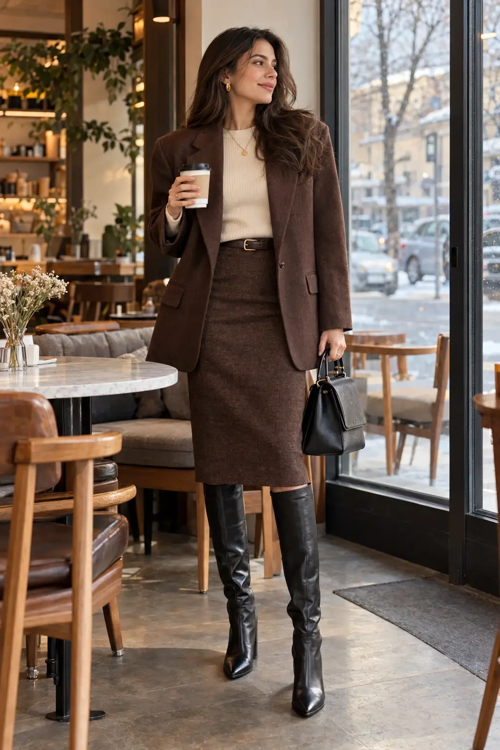 Woman wearing a chocolate brown boxy blazer and knee length pencil skirt set with a cream knit and knee high boots