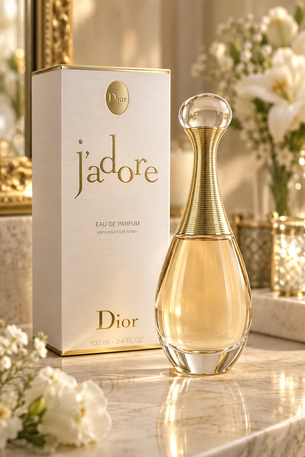 Dior J'adore perfume bottle and original fragrance box arranged in a sophisticated champagne-toned setting, highlighting the iconic golden bottle details and elegant floral fragrance aesthetic.