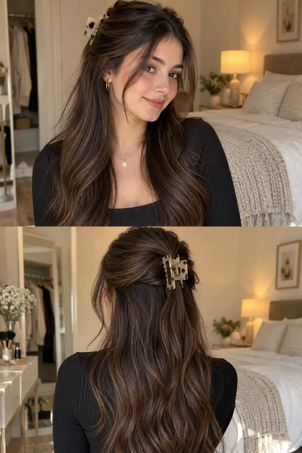Trendy half-up half-down hairstyle secured with a claw clip, with loose natural hair flowing over the shoulders and a clear front and back view.