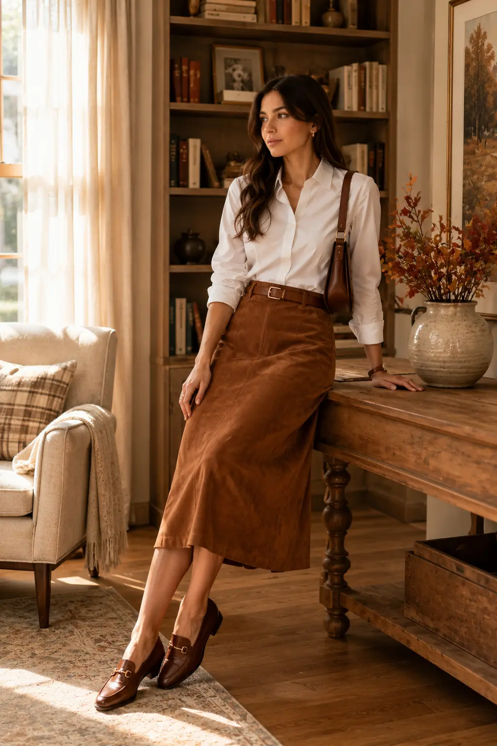 Young woman wearing a caramel suede midi skirt with a tucked-in white button-down shirt, brown belt, loafers, and handbag in a warm, elegant reading room.