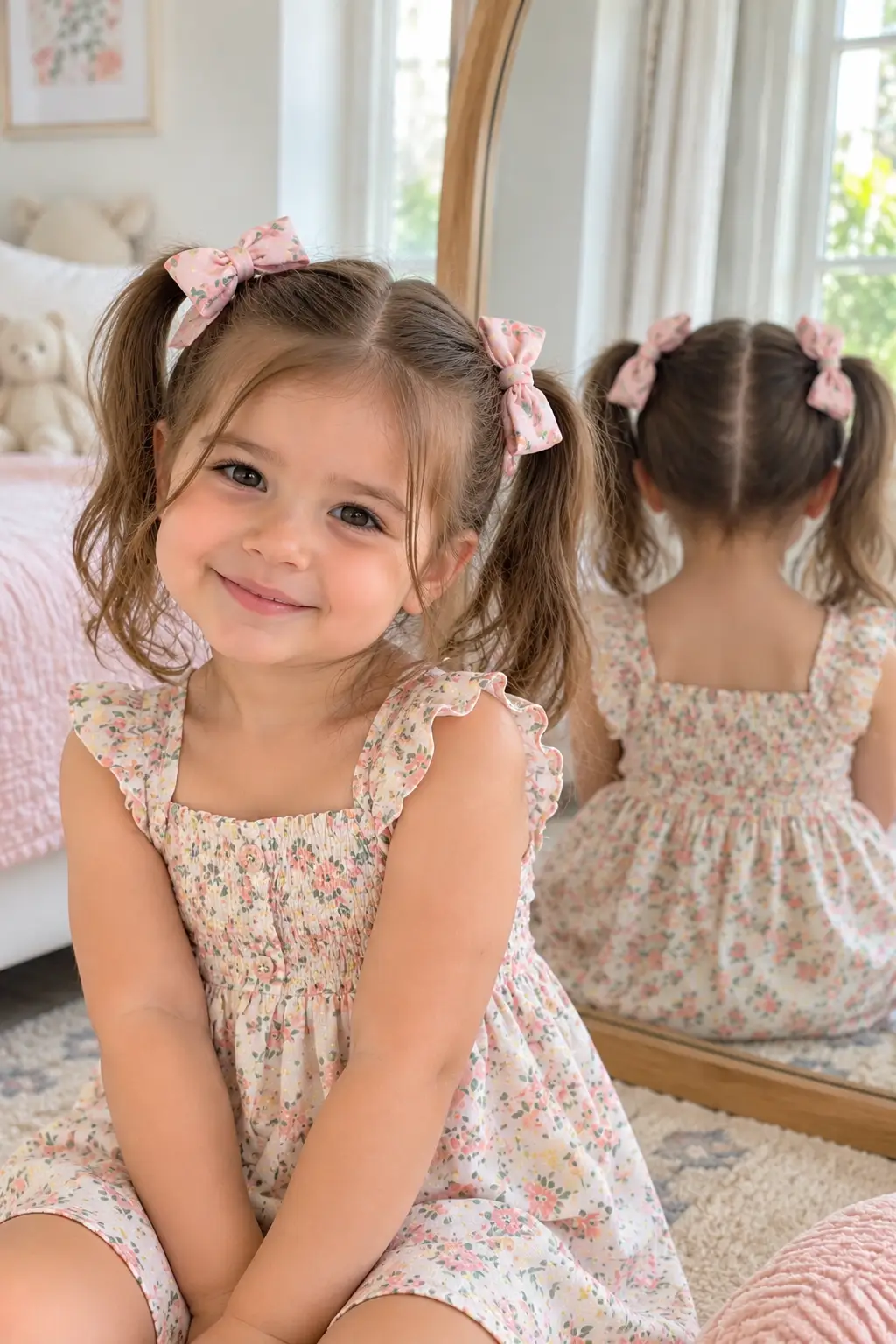 Toddler girl wearing two symmetrical pigtails with colorful bows and a neat center hair part, creating a classic and playful hairstyle.