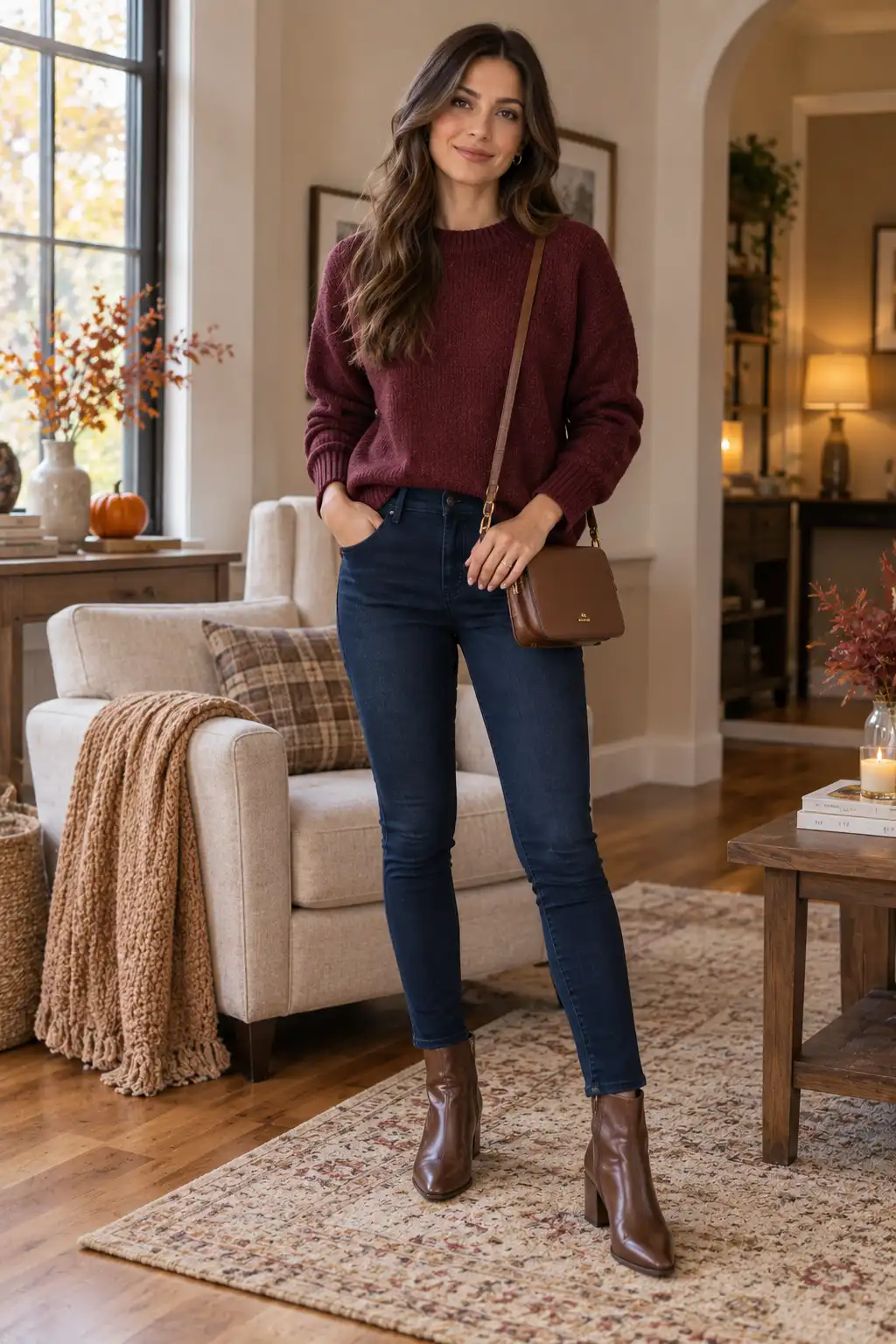 Woman wearing dark navy skinny jeans with a cozy burgundy sweater, brown ankle boots, and a small leather crossbody bag in a warm fall-inspired home.