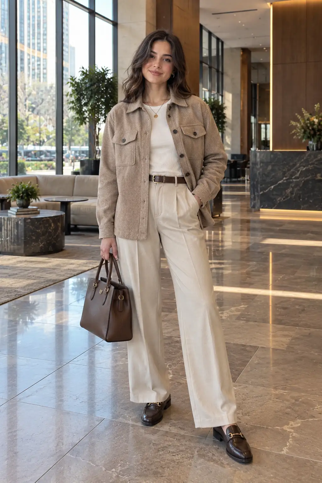 Woman wearing a half-tucked neutral shacket with high-waisted wide-leg trousers, loafers and a structured handbag for an elevated office-casual fall look.