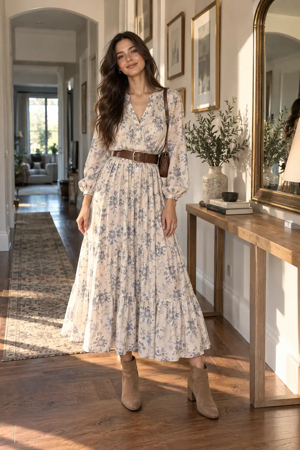 Tall woman wearing a flowing dress styled with a medium-width belt at the waist, demonstrating how waist definition can add shape and balance to a tall silhouette.