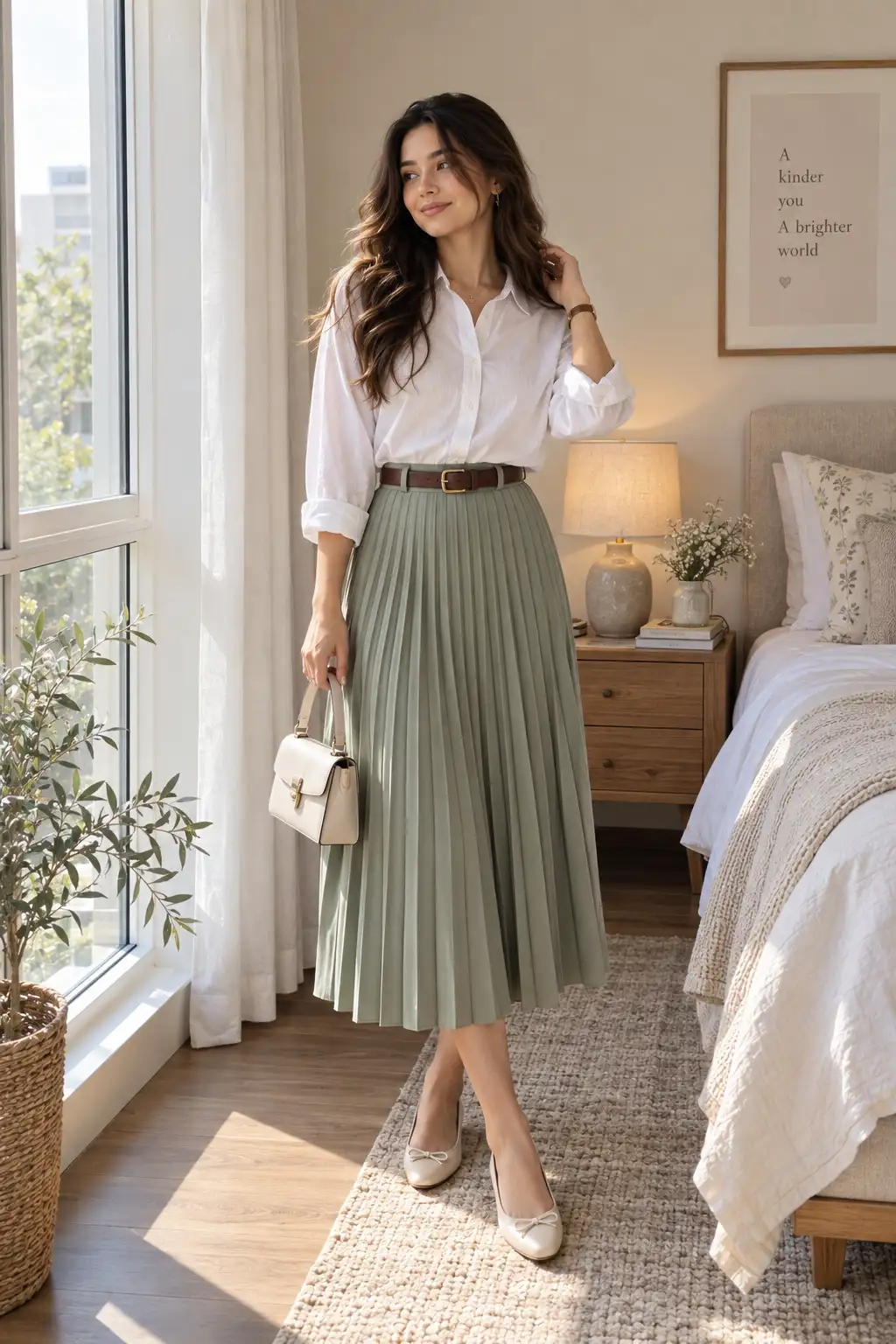Woman styling a pleated midi skirt with a tucked-in cotton shirt and waist belt for an elegant modest everyday outfit