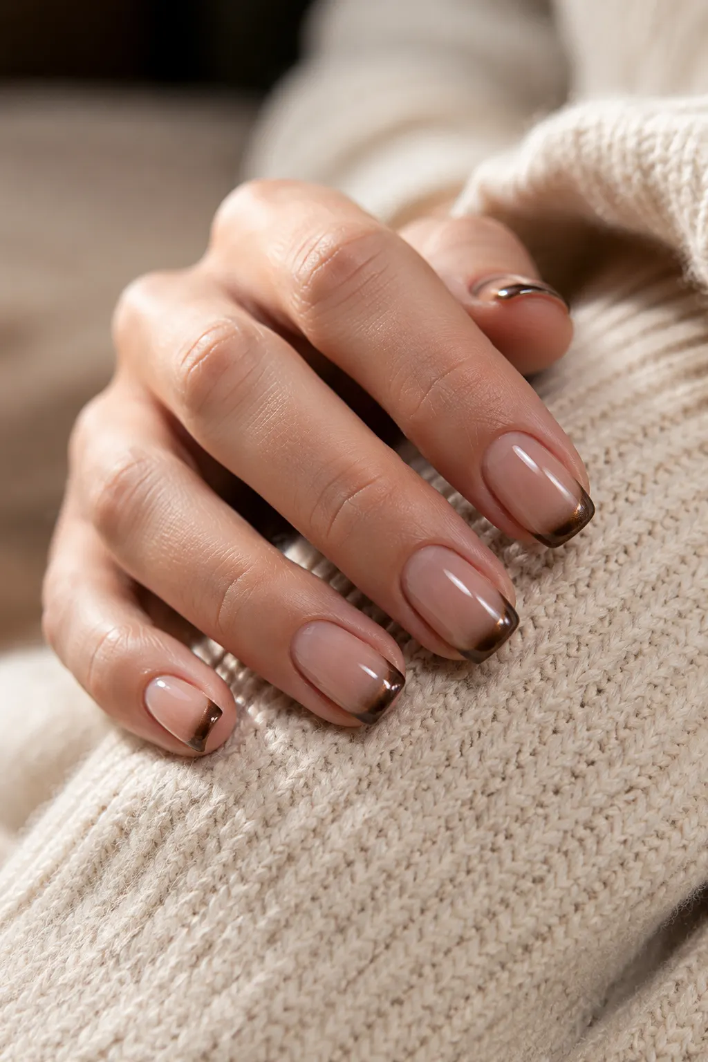 Medium squoval nails with a sheer nude base and thin espresso velvet cat-eye tips creating a subtle magnetic shimmer.