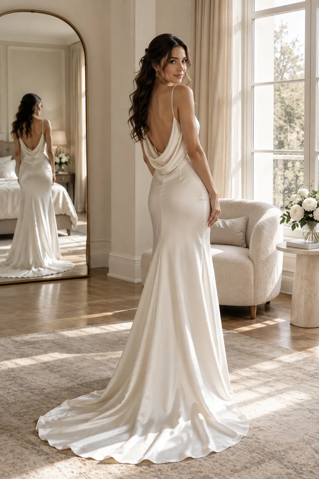 Modern bride wearing a minimalist ivory satin slip wedding dress with thin straps and a softly draped cowl-back design in a contemporary home setting.