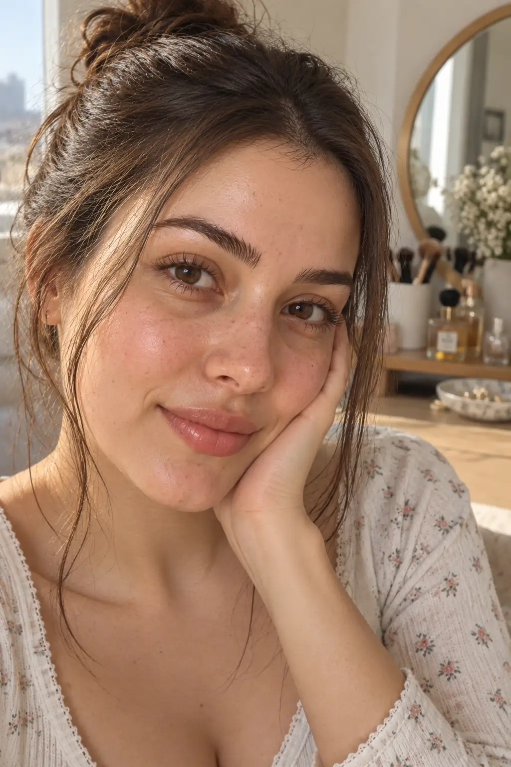 Close-up of a young woman with naturally feathered eyebrows brushed upward with brow gel, subtle brow-filling strokes, fresh bare-looking skin, clean lashes, and minimal no-makeup makeup in a home vanity setting.