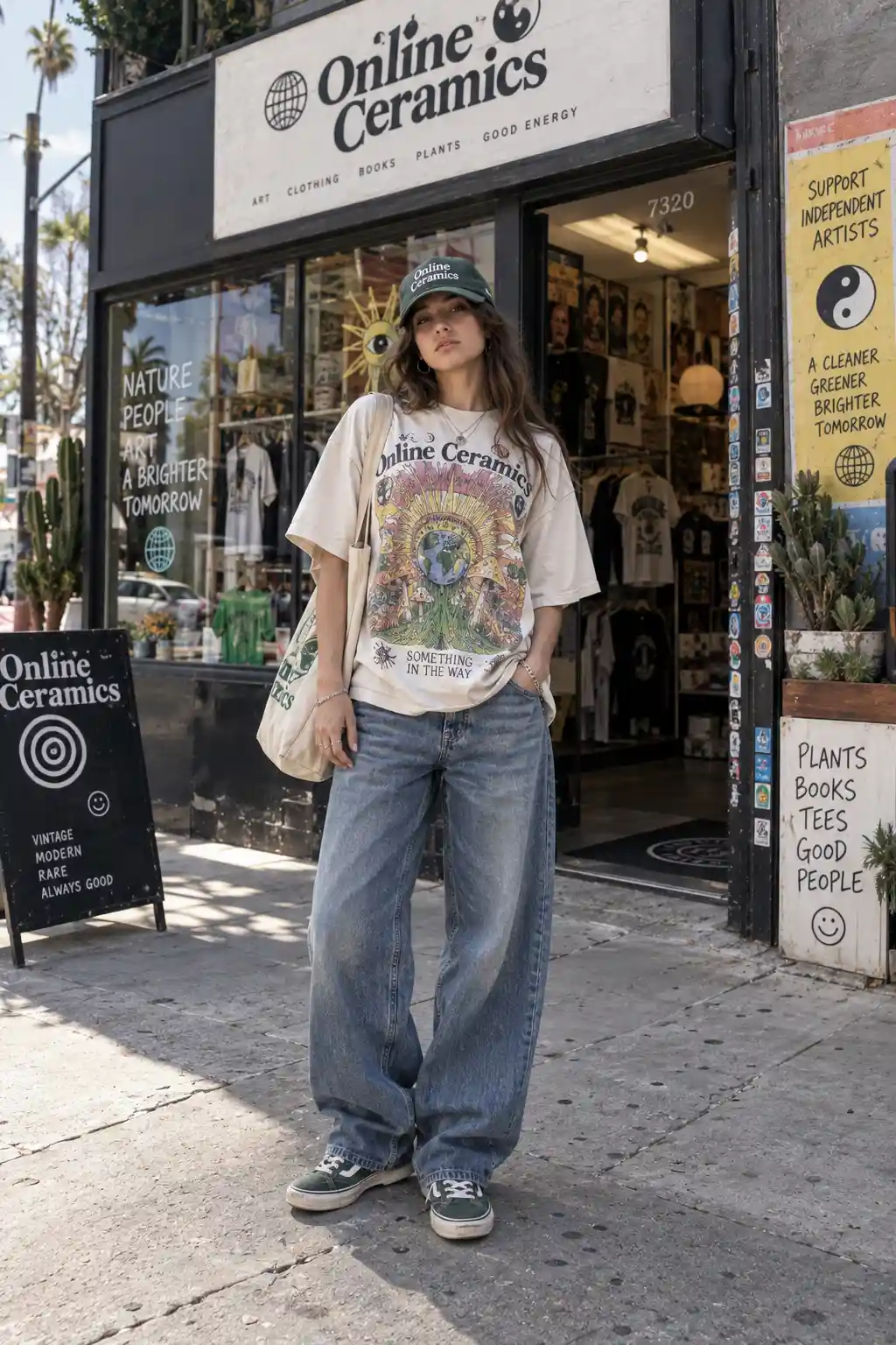 Online Ceramics-inspired women's streetwear outfit featuring an oversized psychedelic graphic T-shirt, loose faded jeans, worn skate sneakers, canvas tote bag, and an artistic streetwear shop.