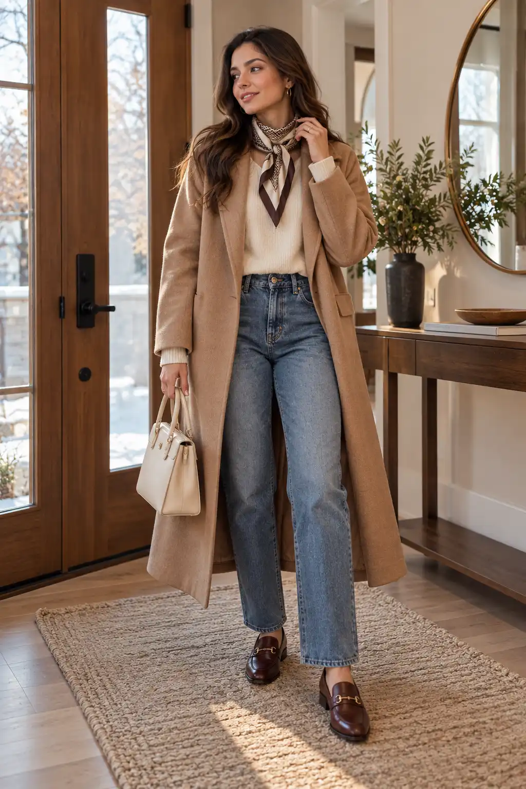 Woman wearing a long camel coat with a triangle scarf tied at the neck, cream sweater, straight jeans and loafers