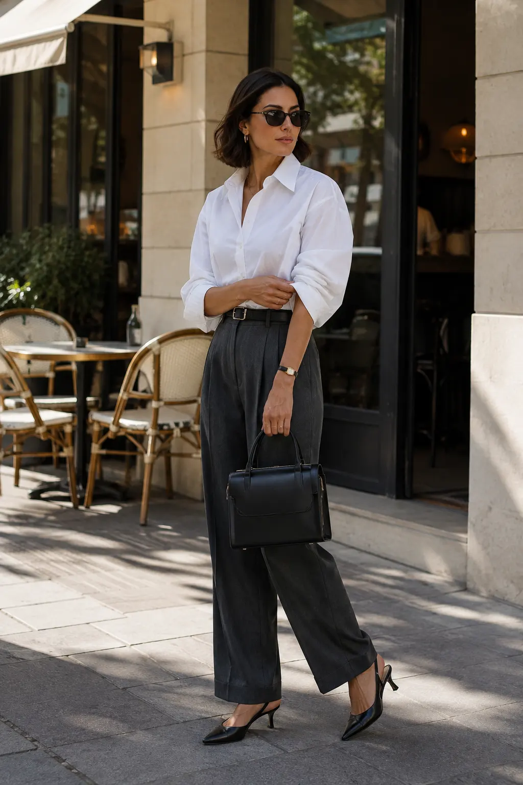 A stylish woman wearing a crisp oversized white button-down shirt with charcoal pleated trousers, a slim black belt, pointed slingback heels, and a structured handbag.