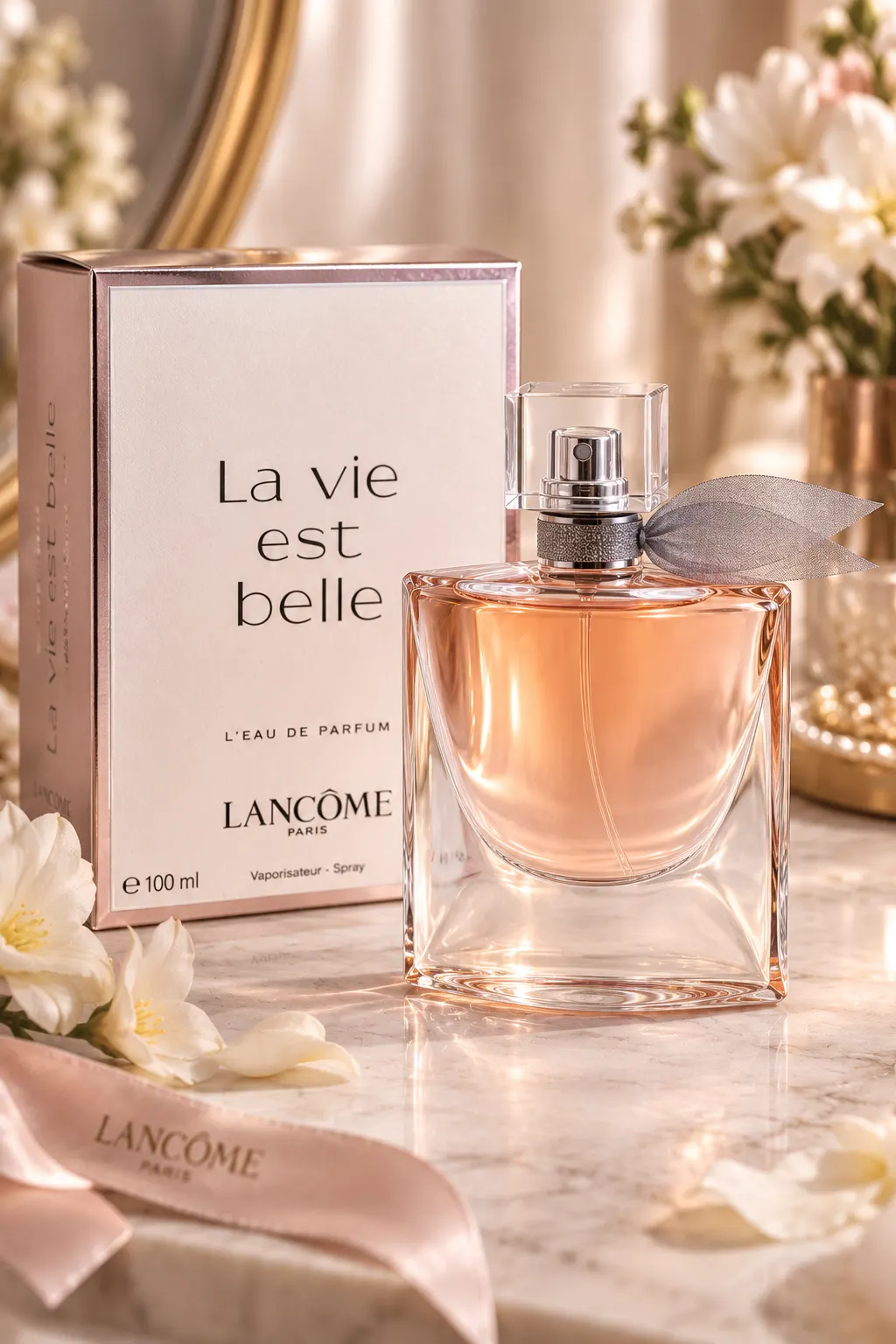 Lancôme La Vie Est Belle perfume bottle and original fragrance box styled in a warm, luxurious setting, showcasing the elegant bottle design and sweet feminine fragrance aesthetic.