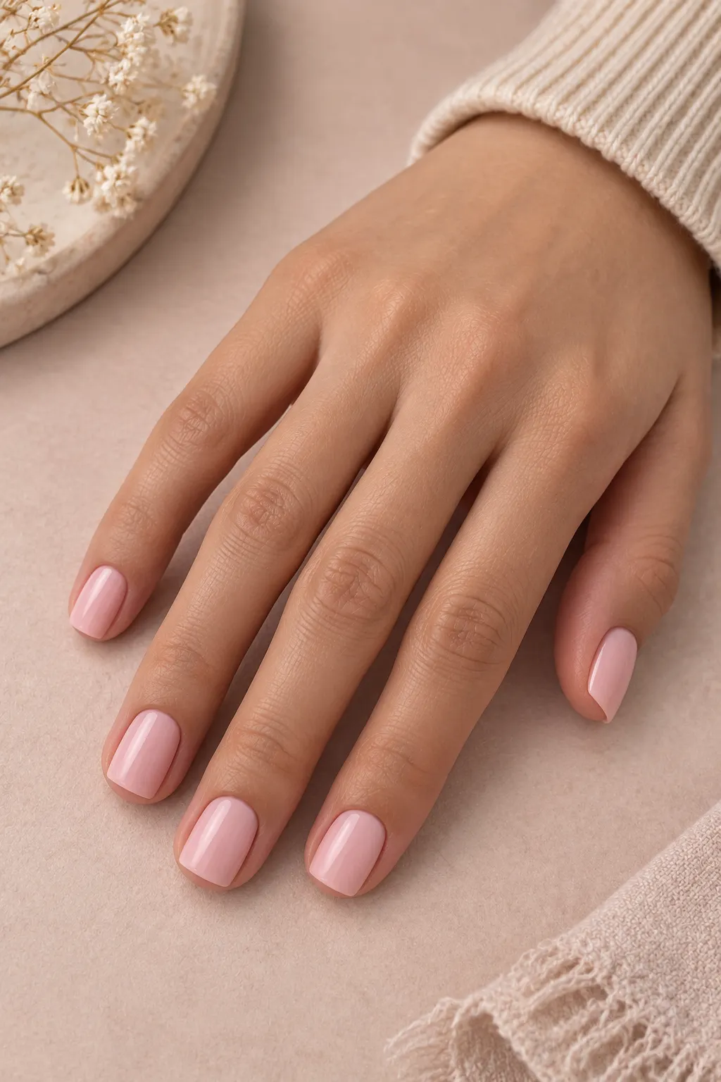 Short square nails covered in a soft blush pink polish with smooth, even coverage and a delicate feminine finish.