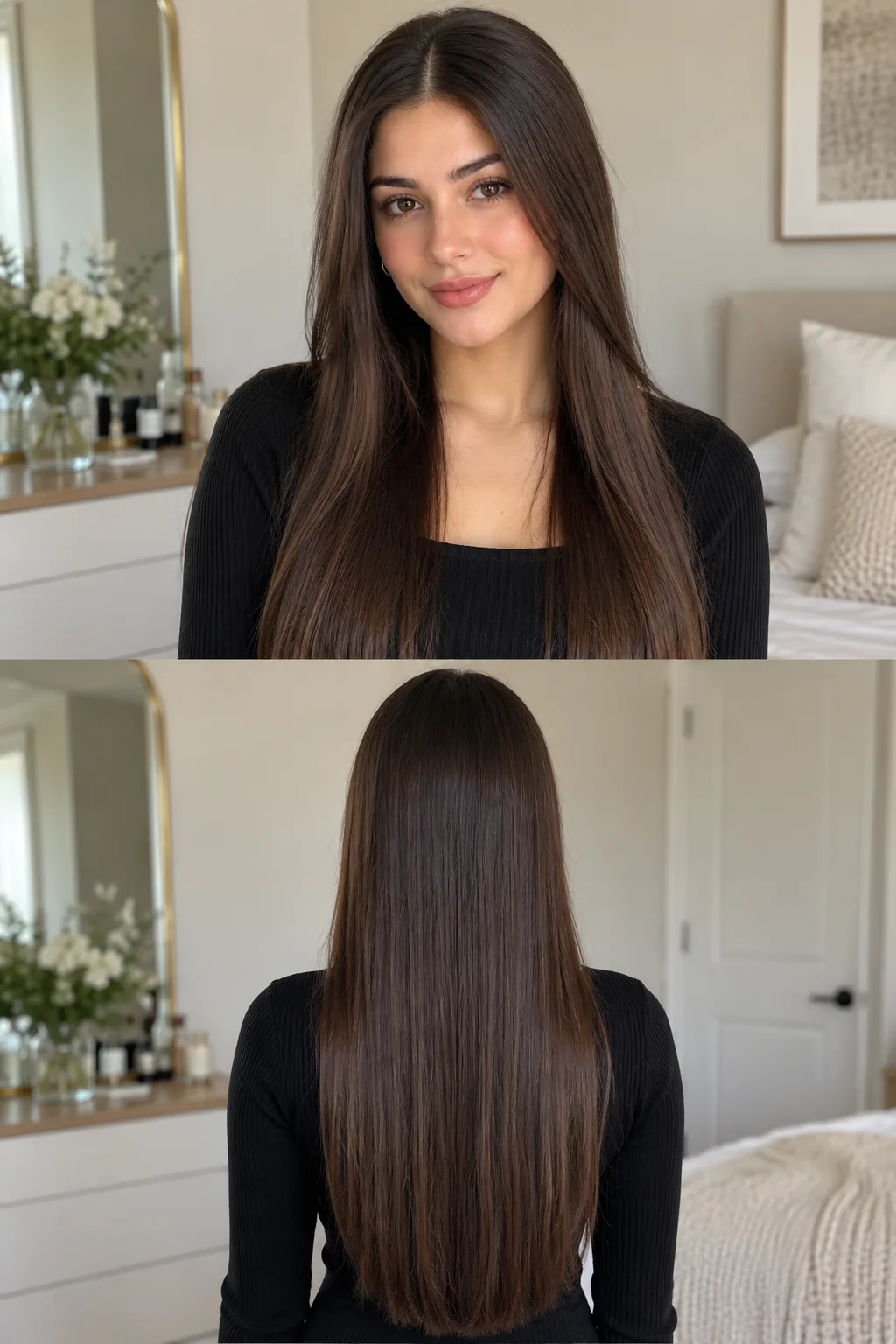 Simple middle-part straight hairstyle with smooth hair falling naturally around the face and shoulders, shown clearly from front and back.