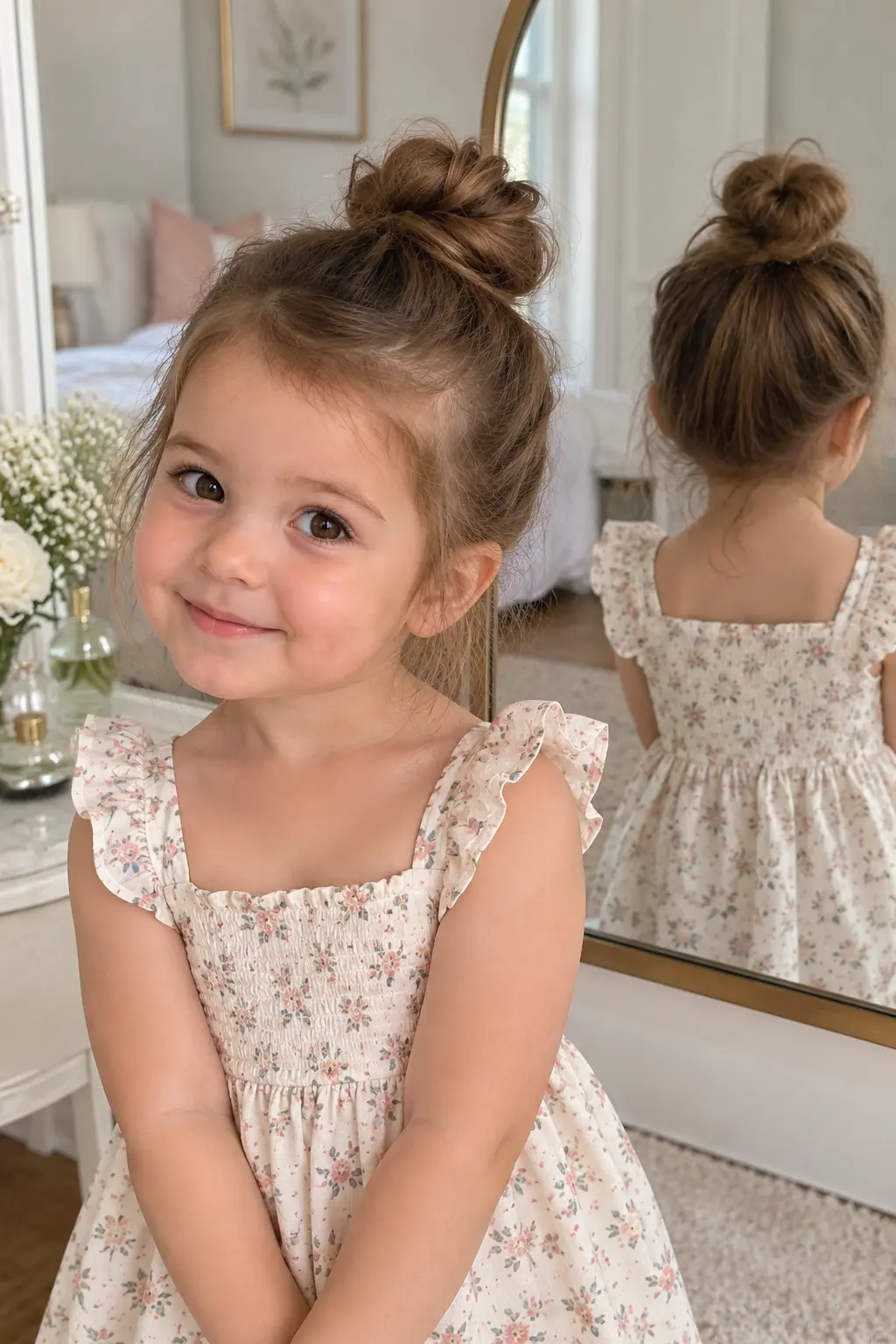 Toddler girl wearing a simple high top knot bun with her hair gathered on top of her head and a few natural wispy strands around her face.