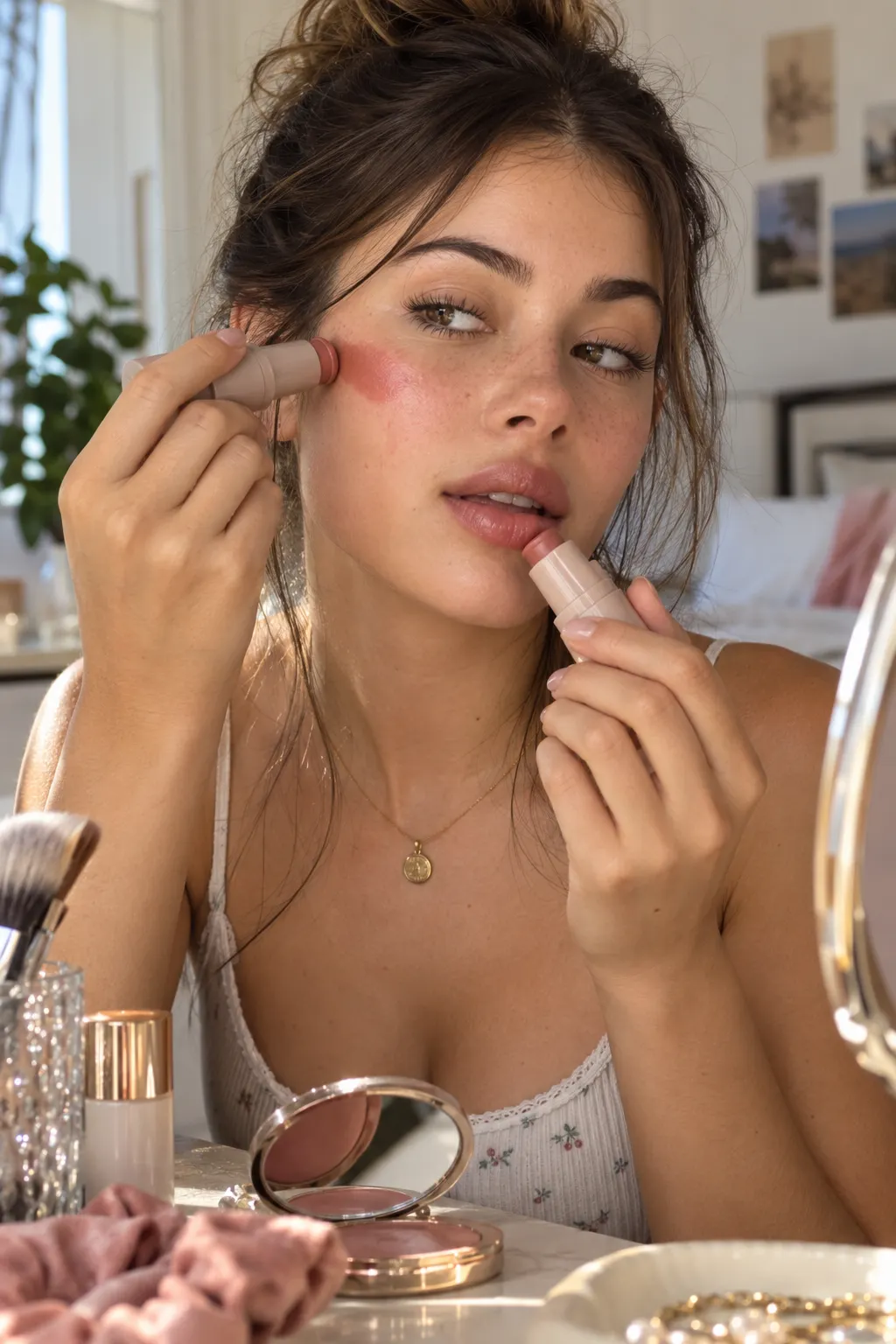 Young woman applying a creamy multi-stick to her cheek for quick summer makeup that can also be blended onto the lips.