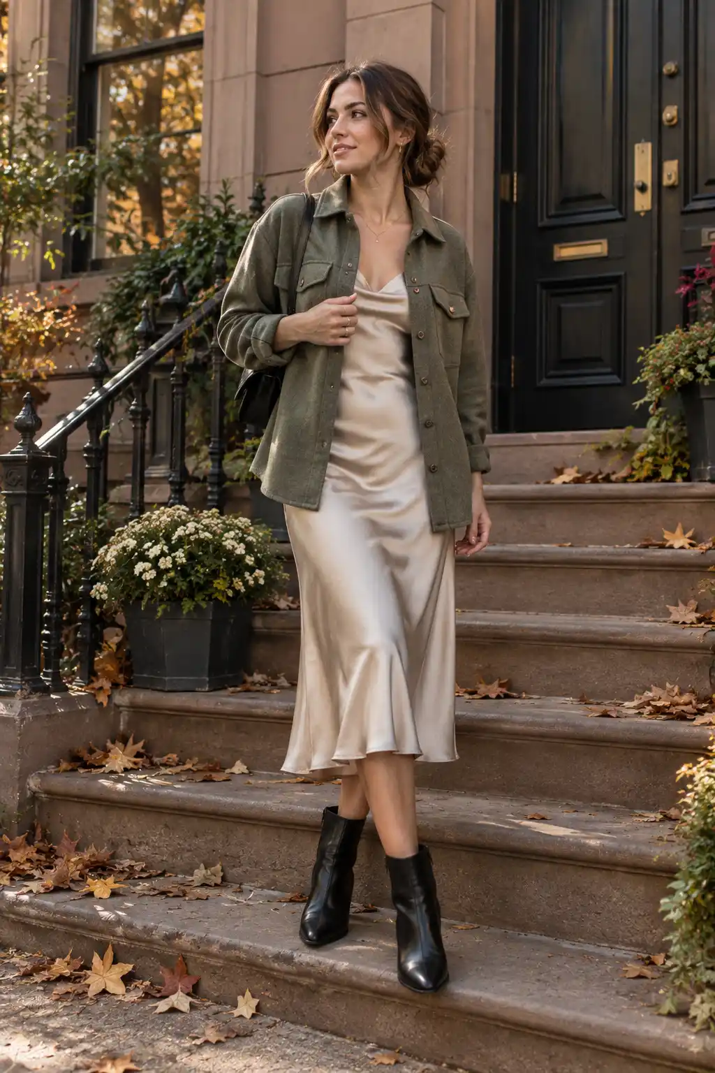 Woman layering a neutral shacket over a satin midi slip dress with black ankle boots for an elegant transitional fall outfit.