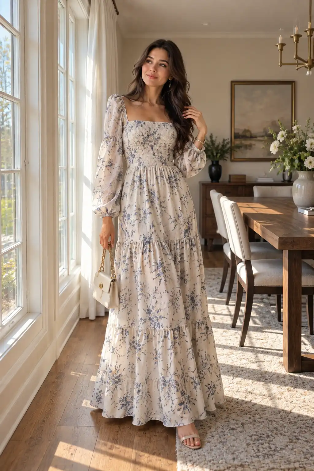 Tall woman wearing an elegant floor-length maxi dress with a flowing silhouette and visible shoes, showing how long dresses can beautifully complement a tall woman's frame.